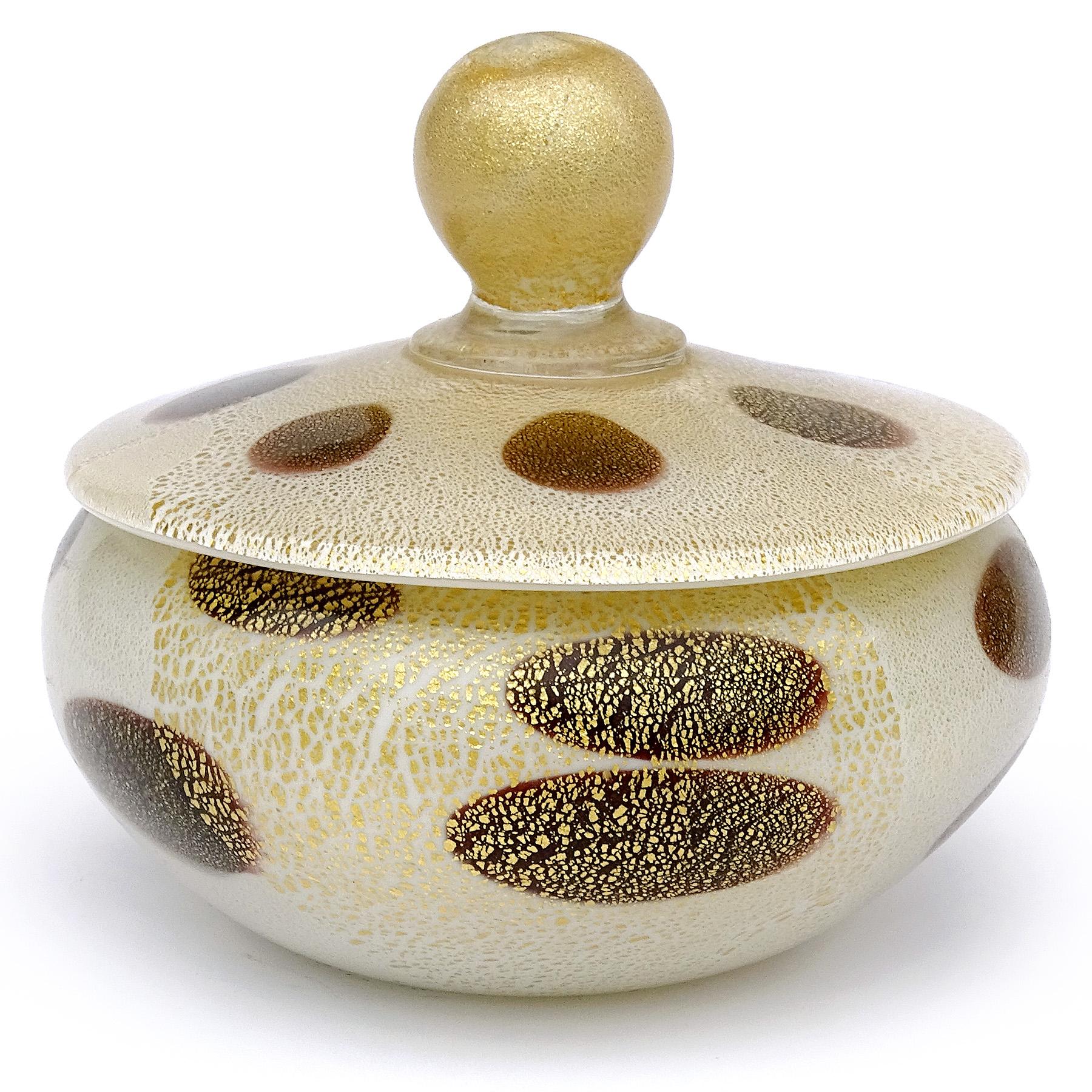 Murano Barbini White Black Spots Gold Flecks Italian Art Glass Vanity Powder Box In Good Condition For Sale In Kissimmee, FL