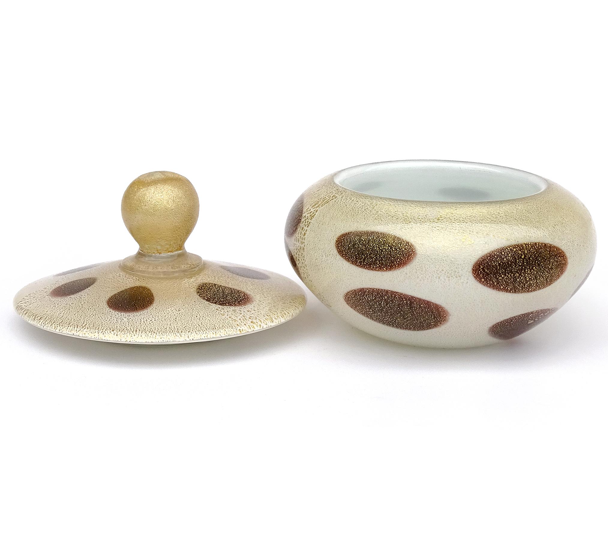 20th Century Murano Barbini White Black Spots Gold Flecks Italian Art Glass Vanity Powder Box For Sale