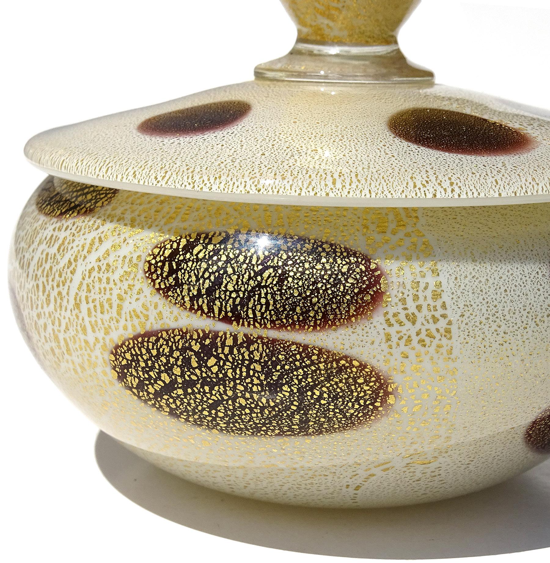 Murano Barbini White Black Spots Gold Flecks Italian Art Glass Vanity Powder Box For Sale 1