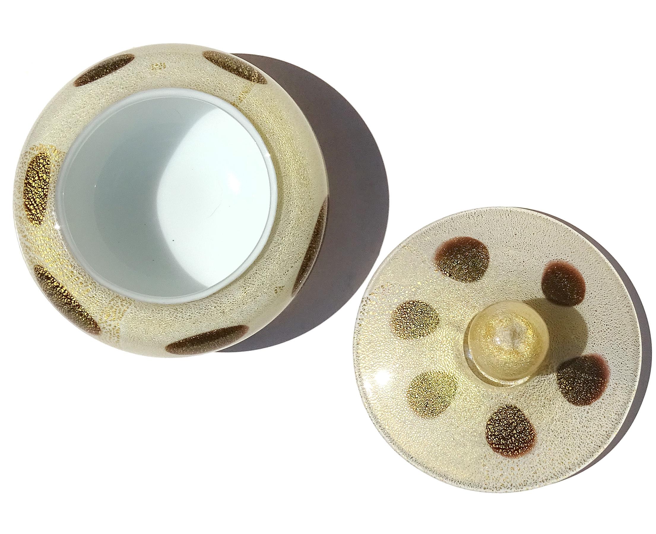 Murano Barbini White Black Spots Gold Flecks Italian Art Glass Vanity Powder Box For Sale 2