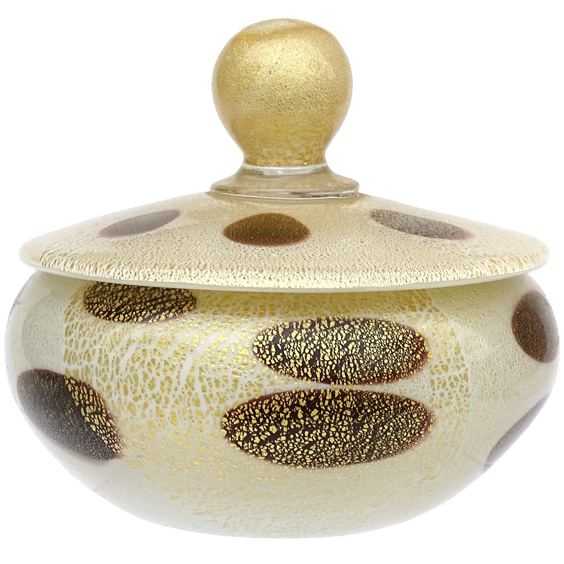 Boîte à poudre d'art italien de Murano Barbini, taches blanches, noires et mouchetures dorées