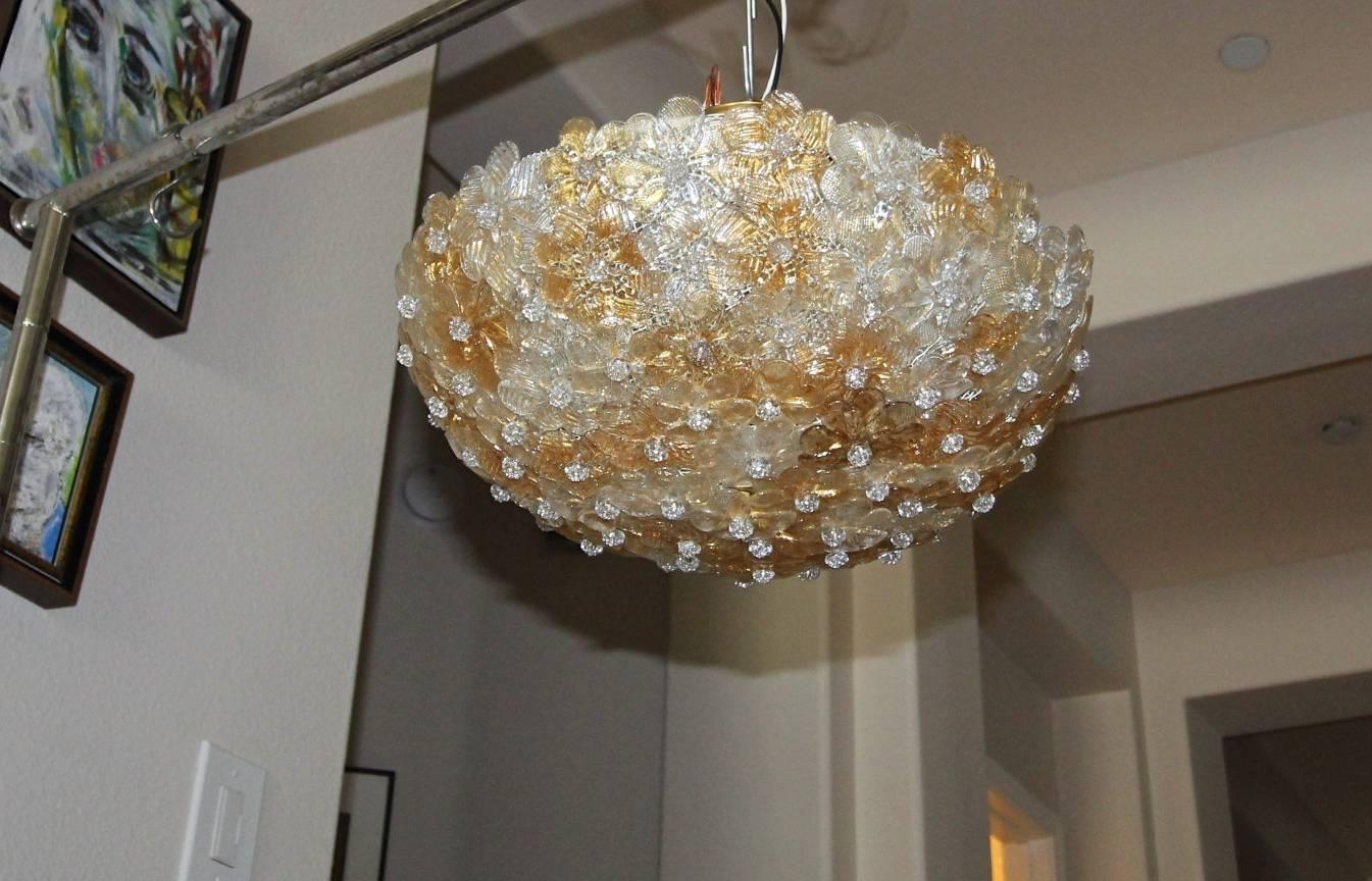 Murano Barovier Glass Floral Semi Flush Mount Ceiling Pendant Light In Good Condition In Palm Springs, CA