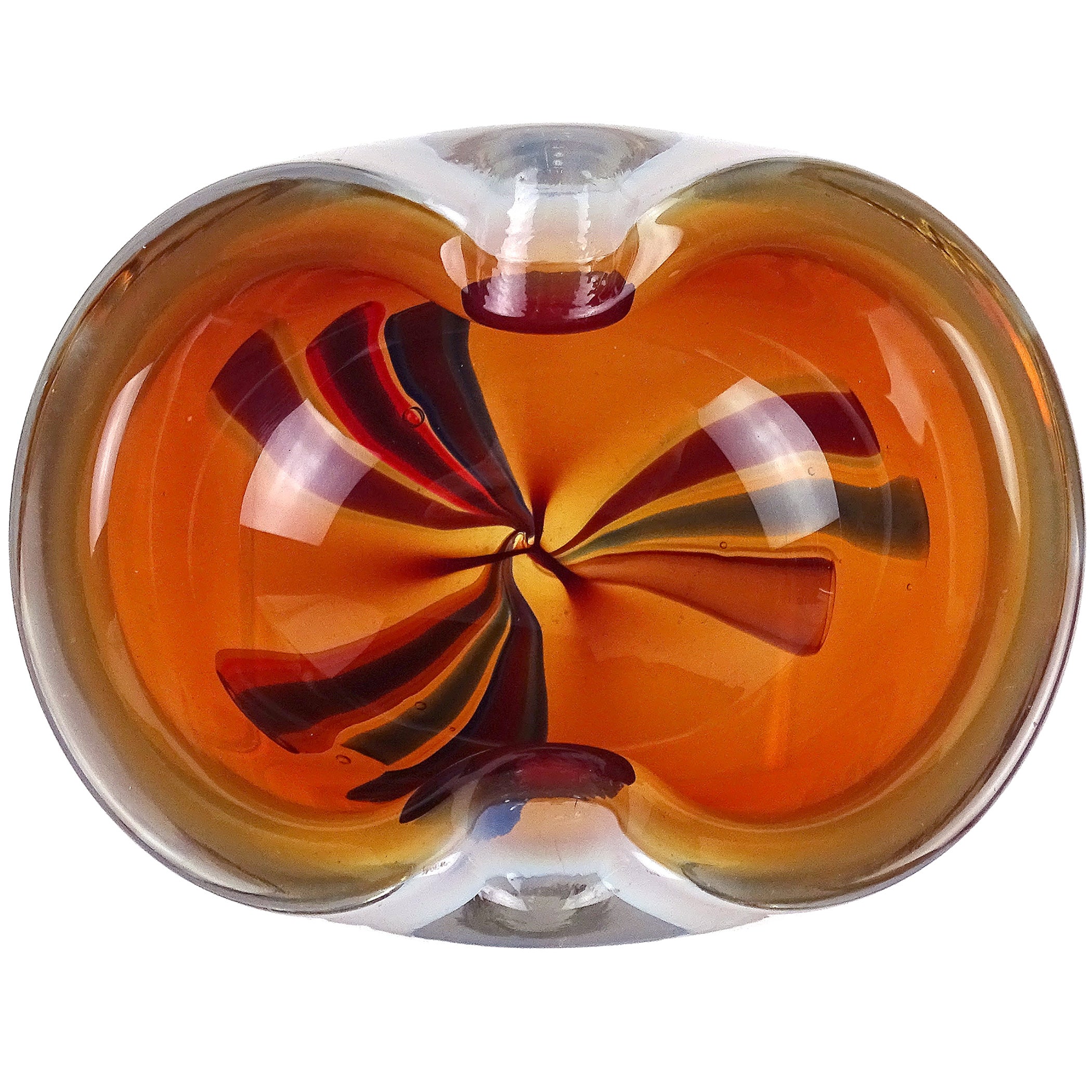 Barovier di Murano, colore arancione opale, decorazione con nastri di canne, ciotola in vetro artistico italiano