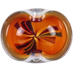 Murano Barovier Opal Orange Color Cane Ribbons Decoration Italian Art Glass Bowl