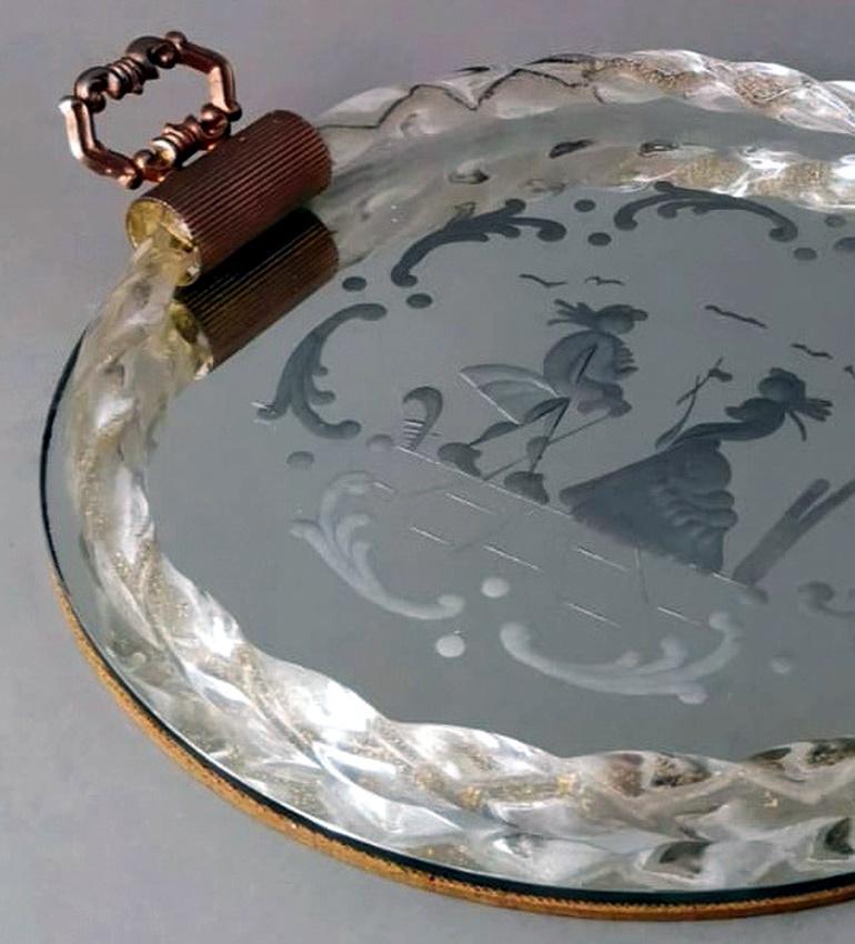 Brass Murano Barovier Style Italian Engraved Mirror Tray with Gold