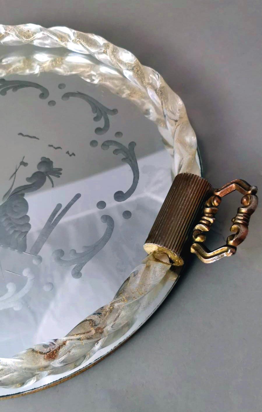 Murano Barovier Style Italian Engraved Mirror Tray with Gold 2