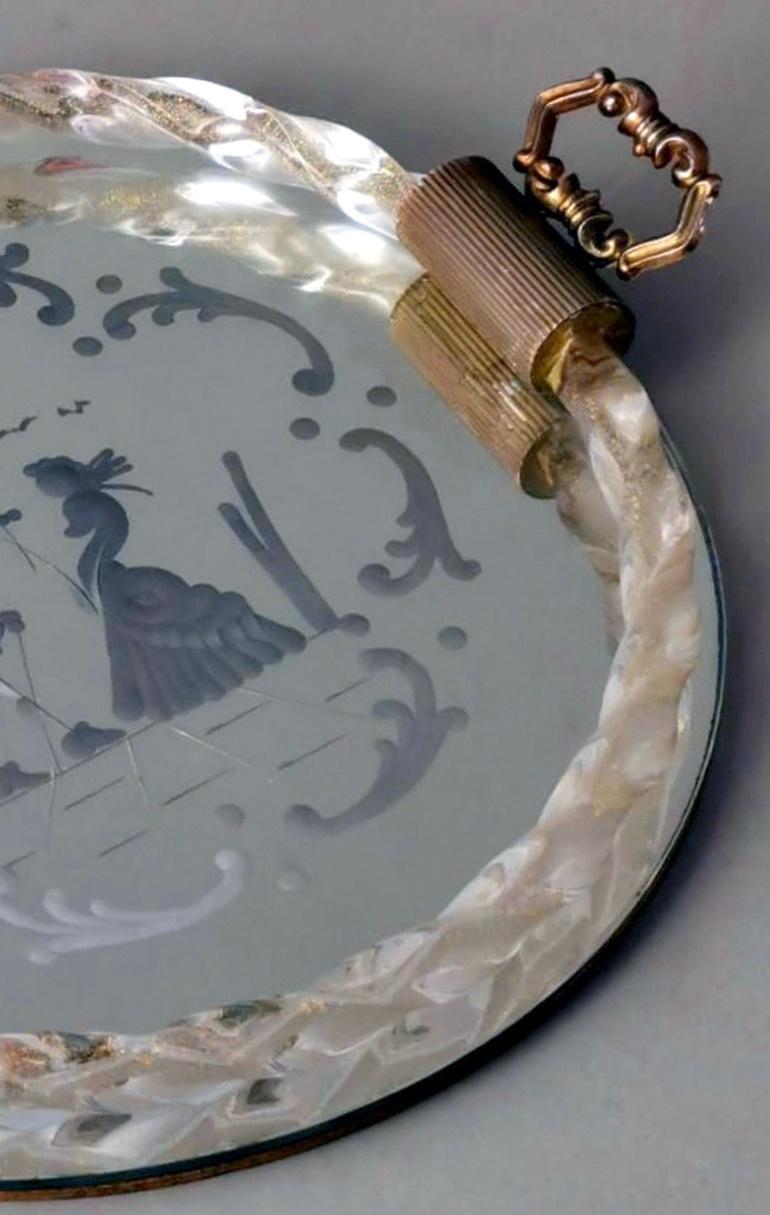 20th Century Murano Barovier Style Italian Engraved Mirror Tray with Gold