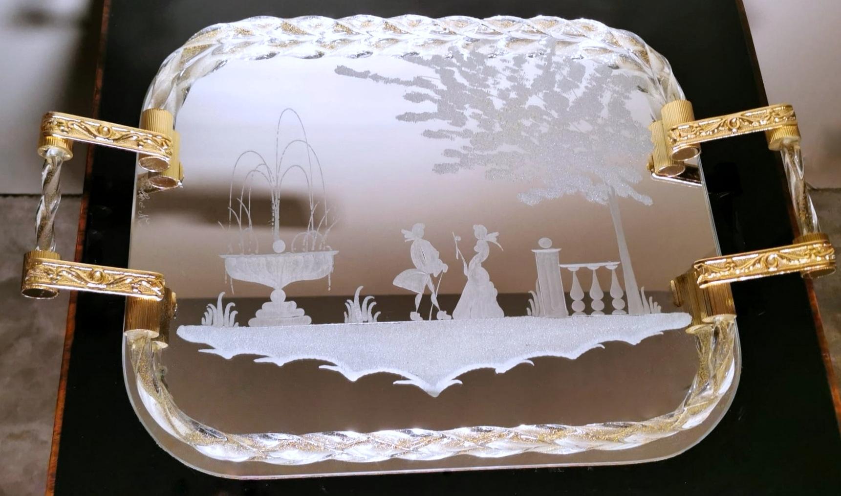 Rococo Revival Murano Barovier Style Vanity Tray with Etched Mirror and Twisted Glass Rope For Sale