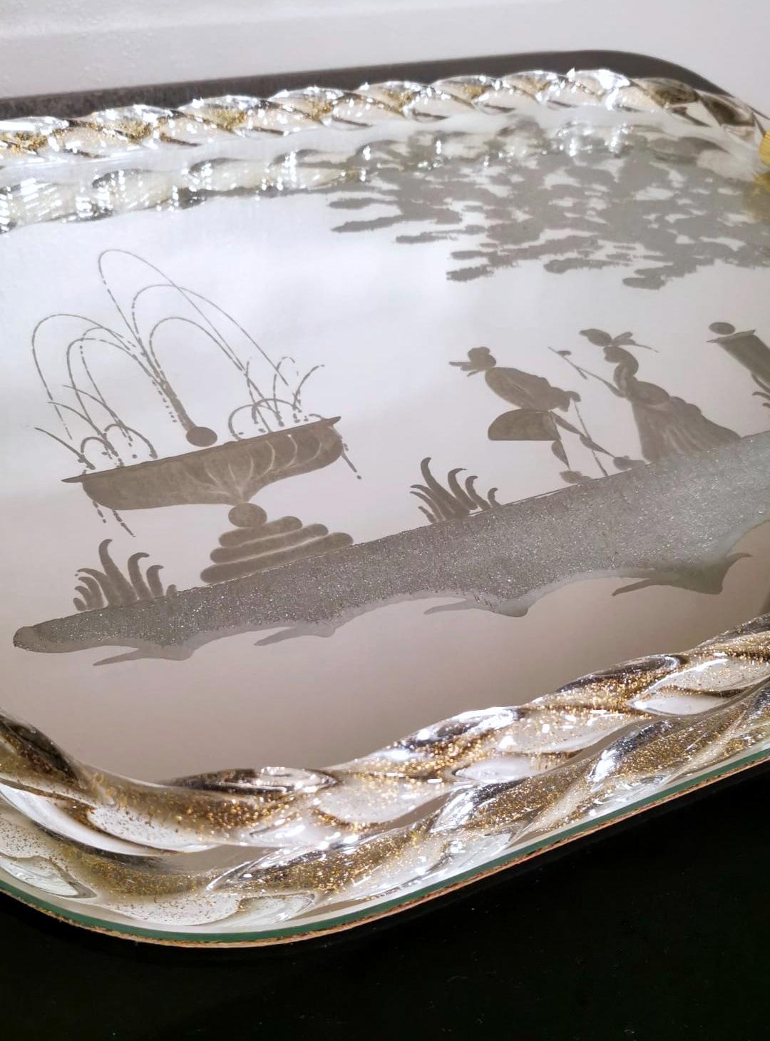 Néo-rococo Plateau de coiffeuse de style Murano Barovier avec miroir gravé et corde en verre torsadé en vente