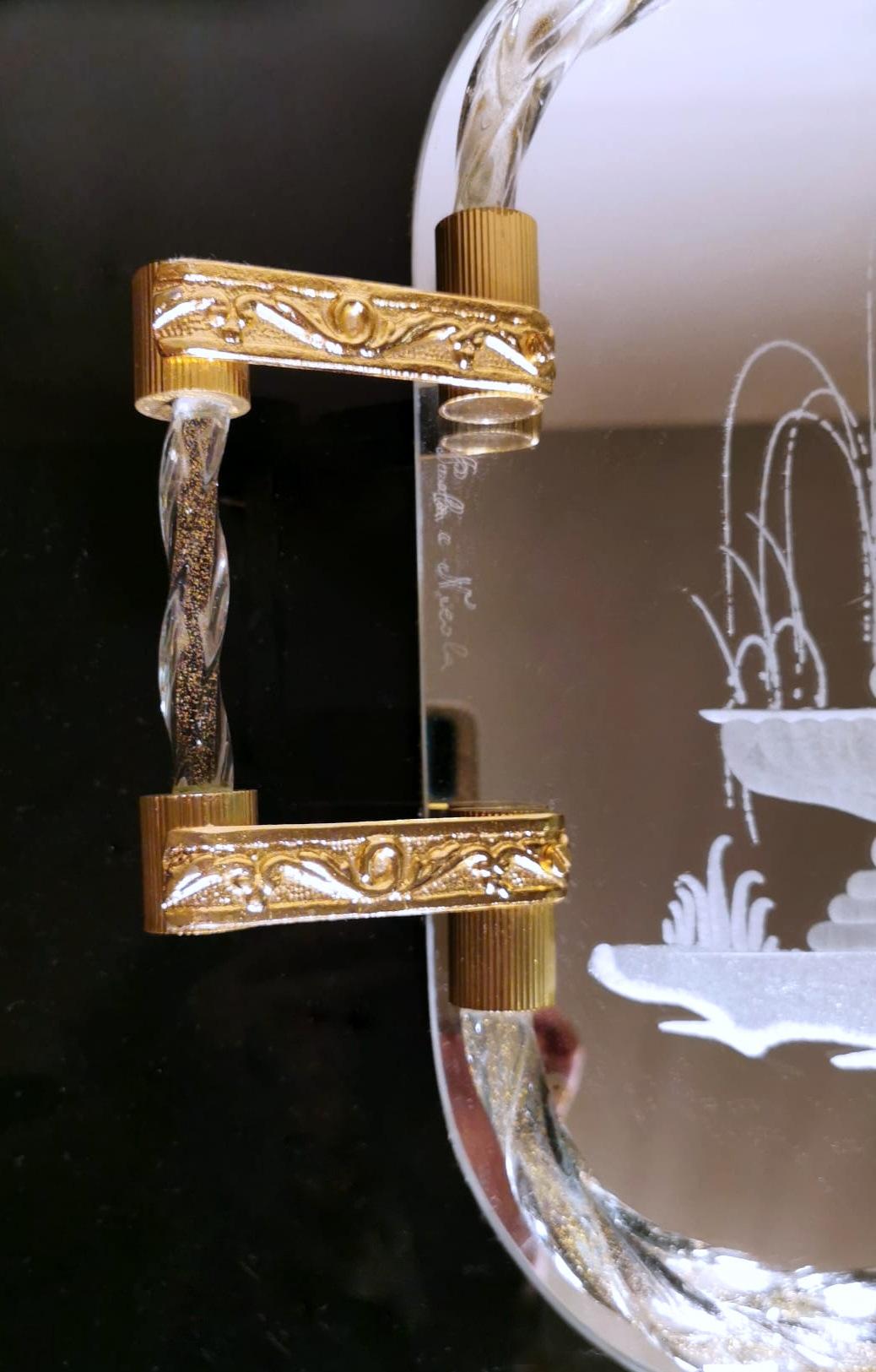 Moulage Plateau de coiffeuse de style Murano Barovier avec miroir gravé et corde en verre torsadé en vente