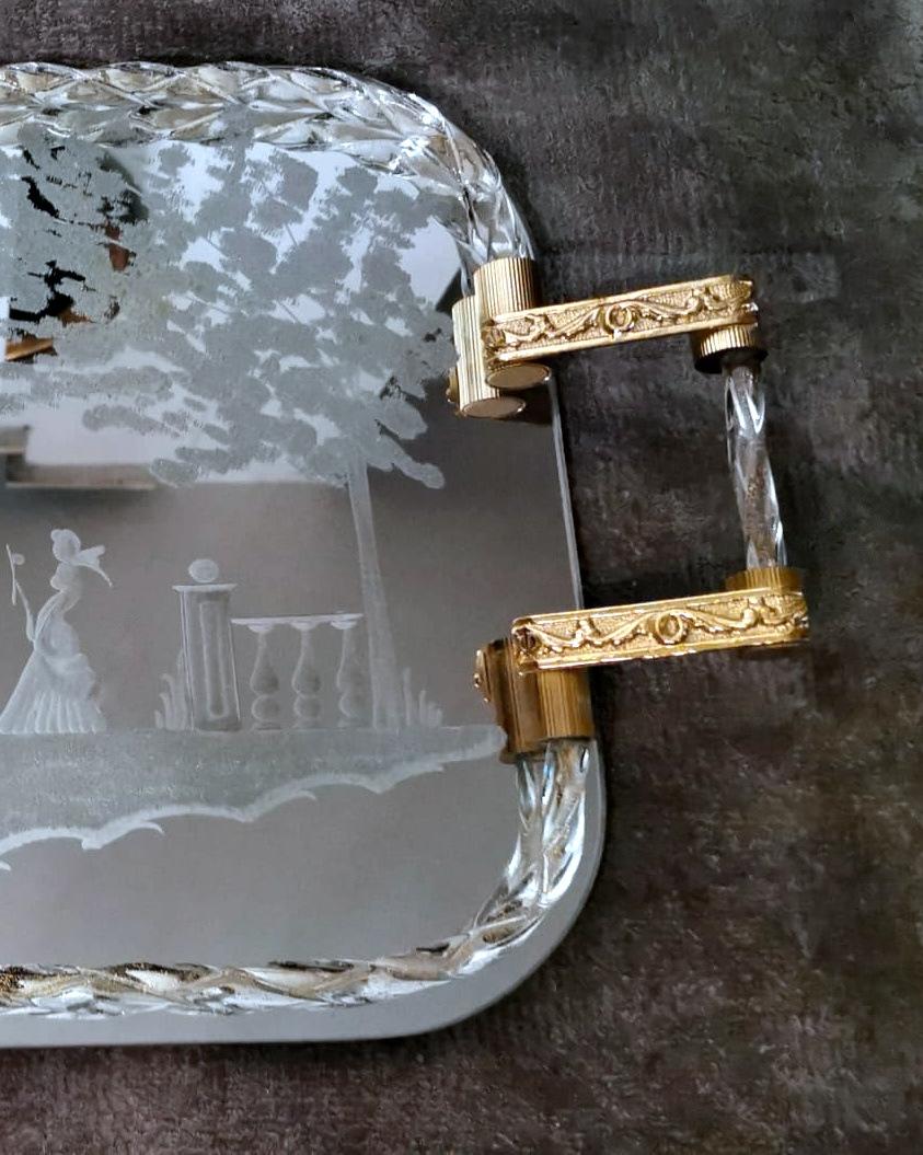 Waschtischtablett aus Murano im Barovier-Stil mit geätztem Spiegel und gedrehtem Glasseil (Messing) im Angebot