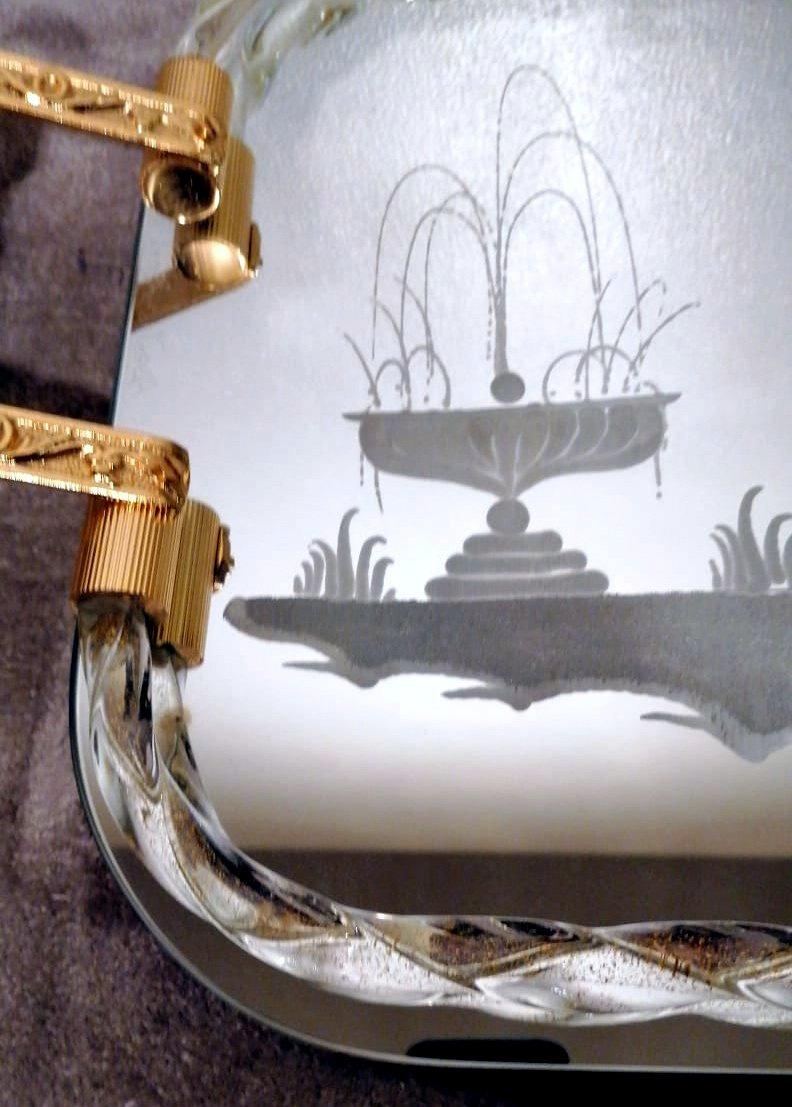 Waschtischtablett aus Murano im Barovier-Stil mit geätztem Spiegel und gedrehtem Glasseil im Angebot 1