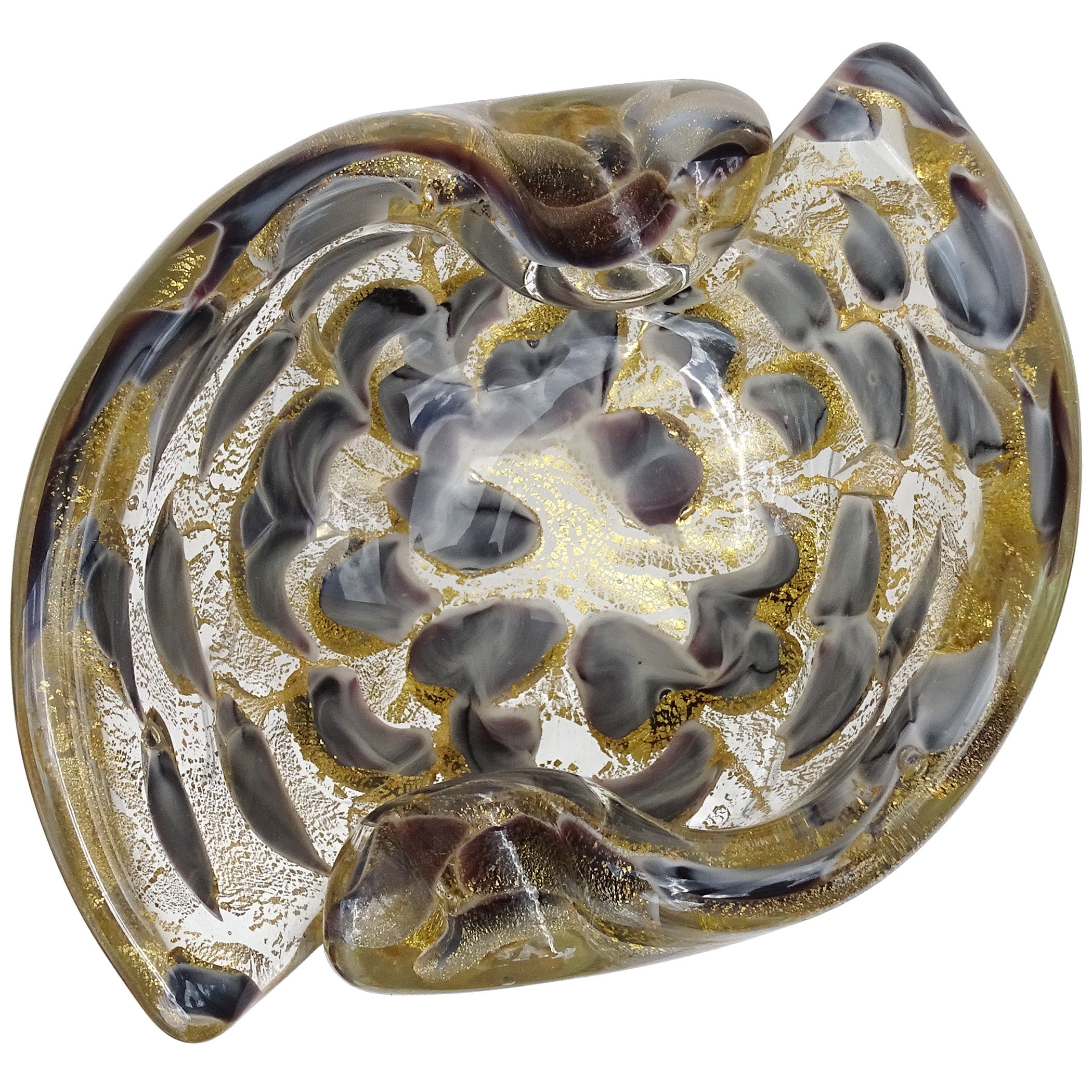 Murano Barovier Toso Goldflecken Grau Weiß Tupfen Italienische Kunst Glas Schale Aschenbecher