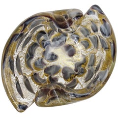 Barovier&Toso di Murano, ciotola in vetro artistico italiano a chiazze d'oro, grigio e bianco, posacenere
