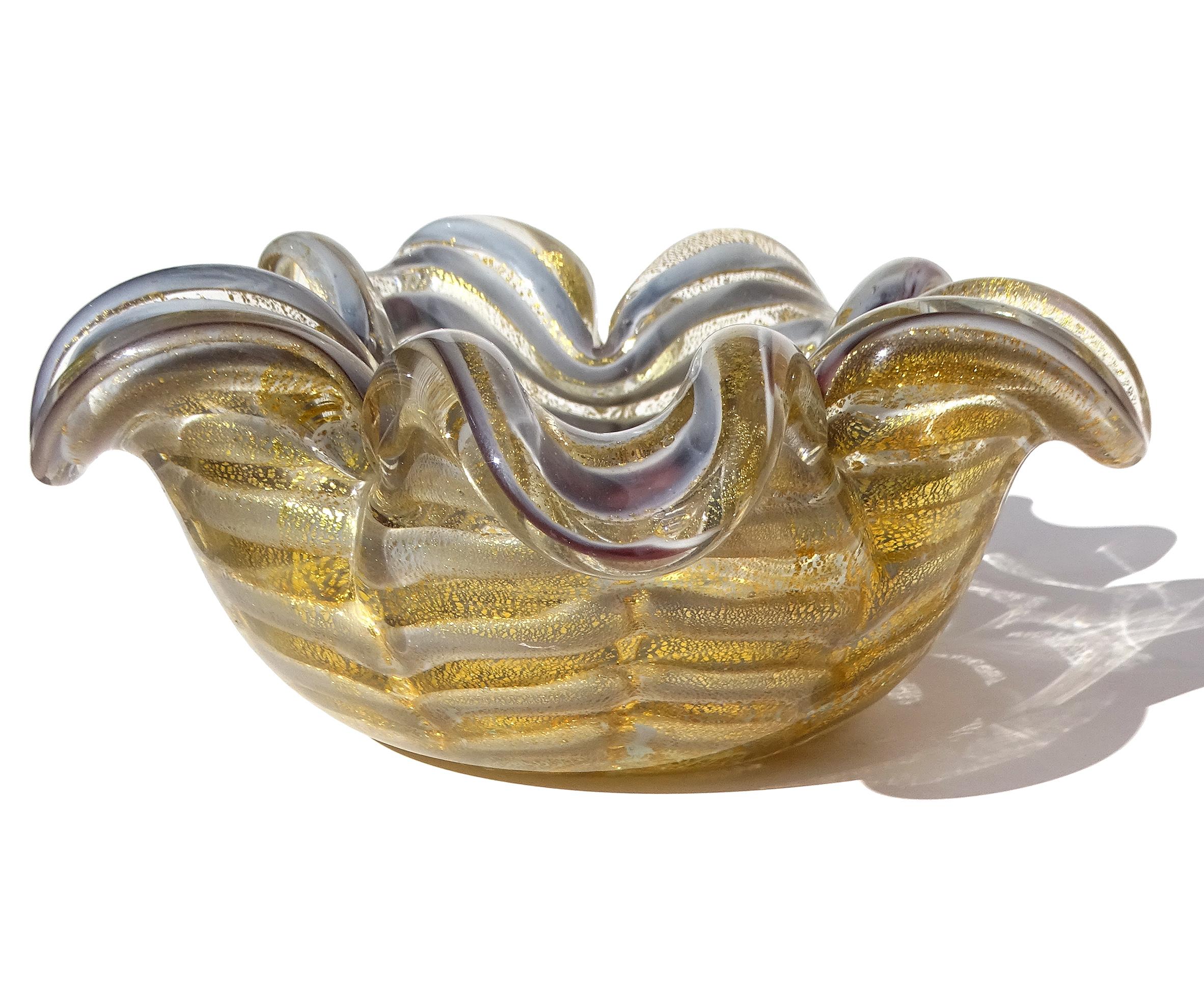 Mid-Century Modern Murano Barovier&Toso Verre d'Art Décoratif Gris Moucheté d'Or Bol à fleurs en vente