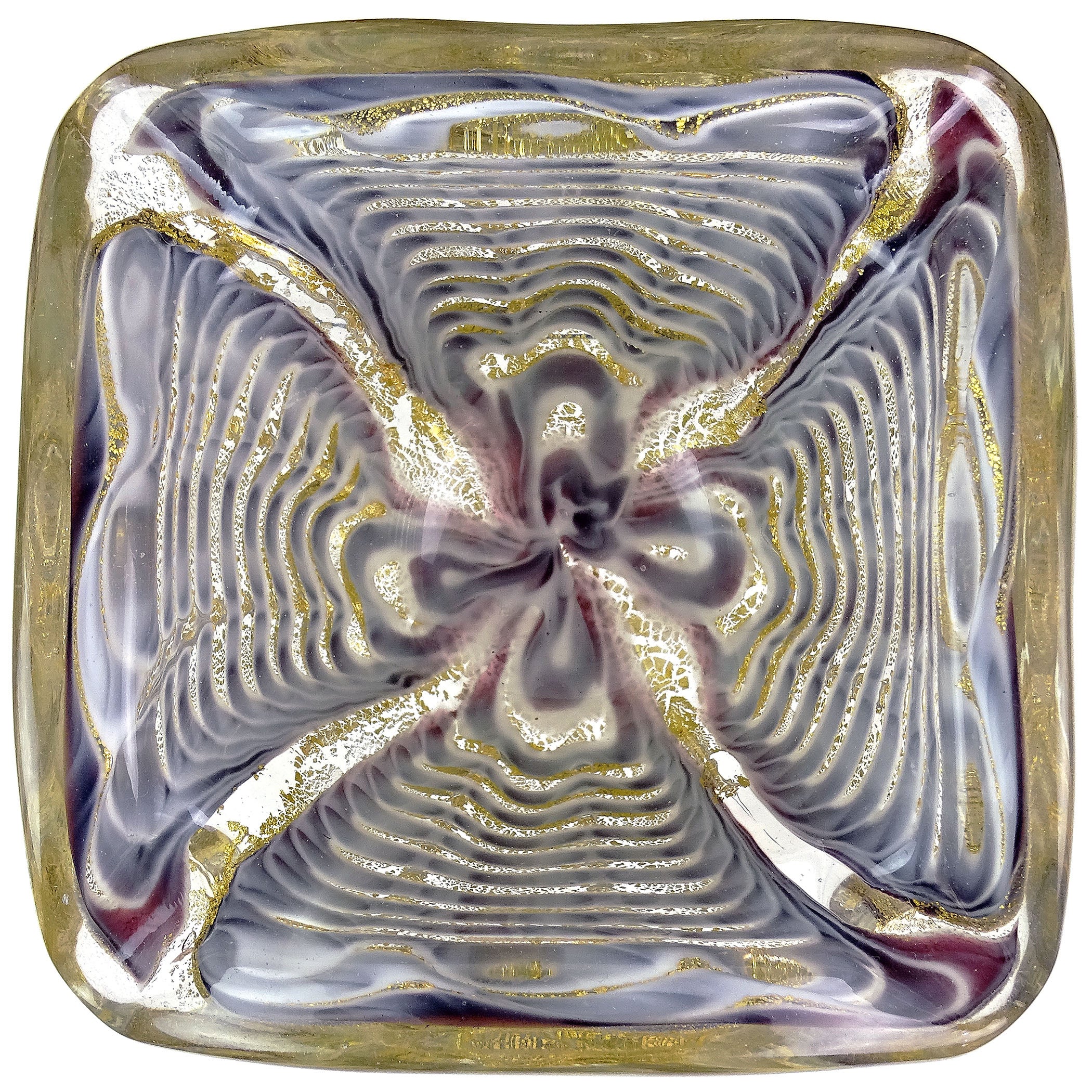 Murano Barovier Toso Grau Gold Flecken Italienische Kunst Glas Quadratische Aschenbecher Schale