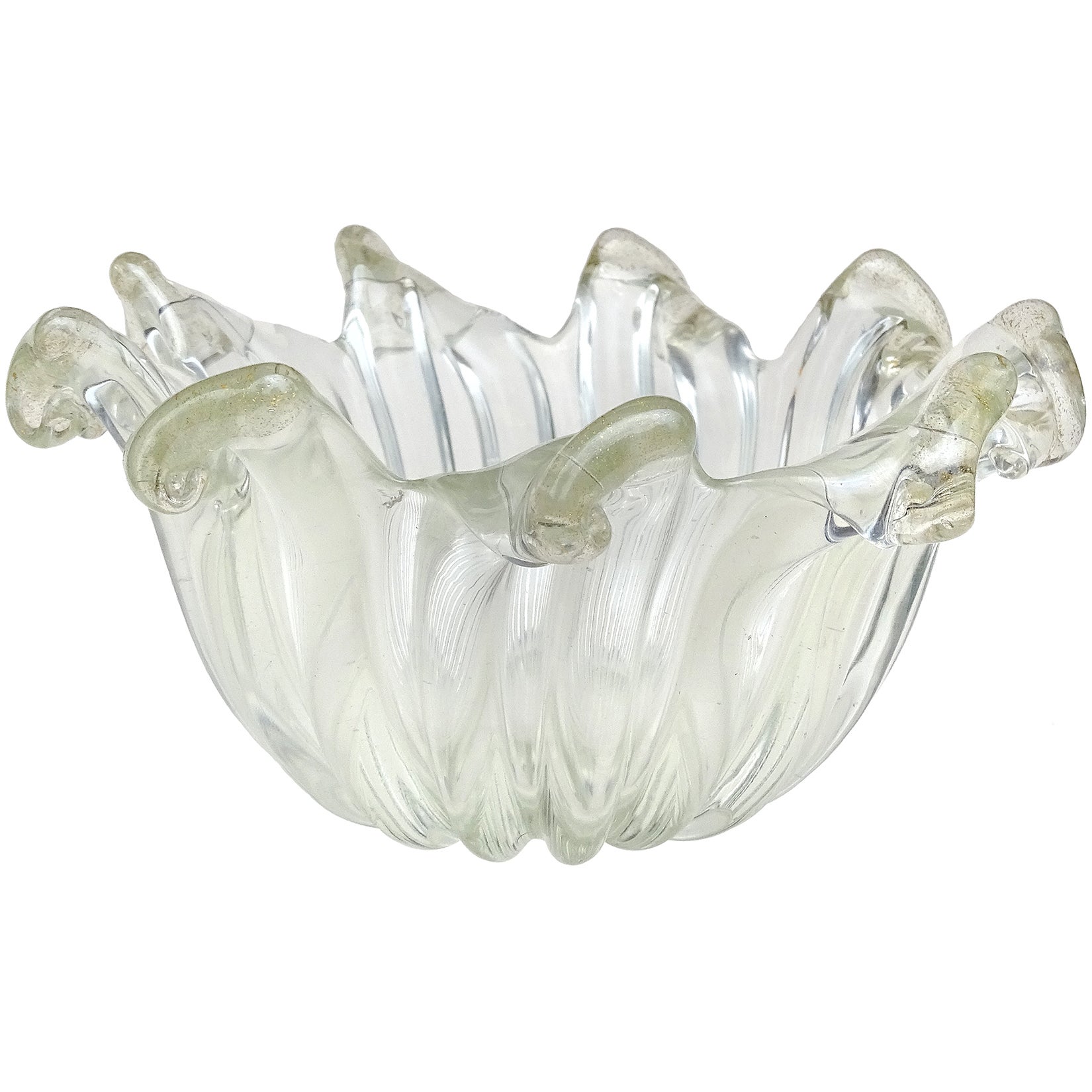 Murano Barovier Toso Iridescent Gold Flecks Italian Art Glass Scissor Cut Bowl