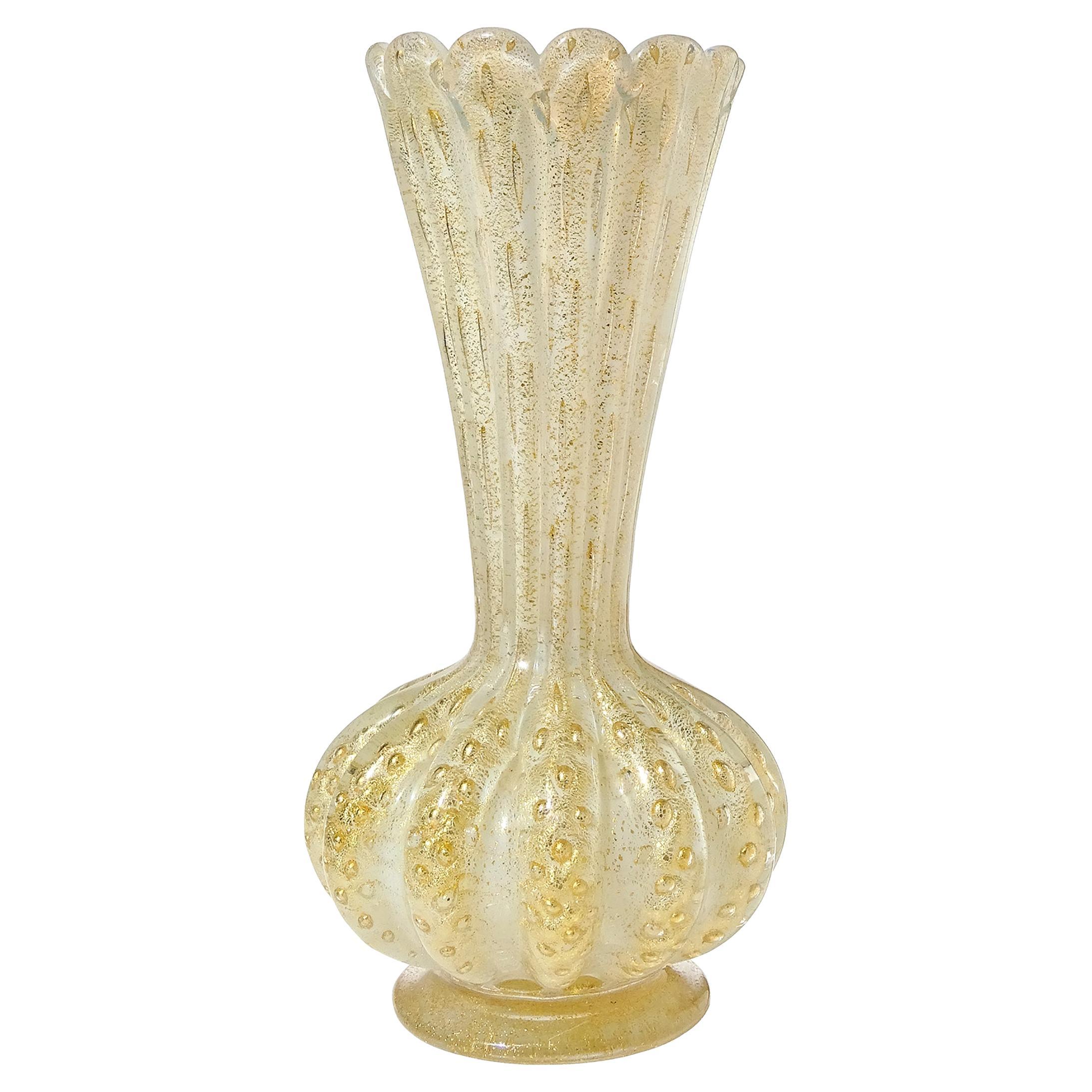 Murano Barovier Toso Italian Art Glass Flower Vase White Opalescent Gold Flecks For Sale