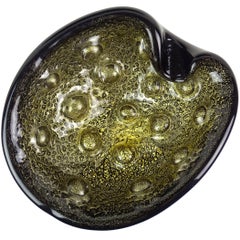 Murano Barovier Toso Jet Black Heavy Gold Flecks Italian Art Glass Bowl Ashtray