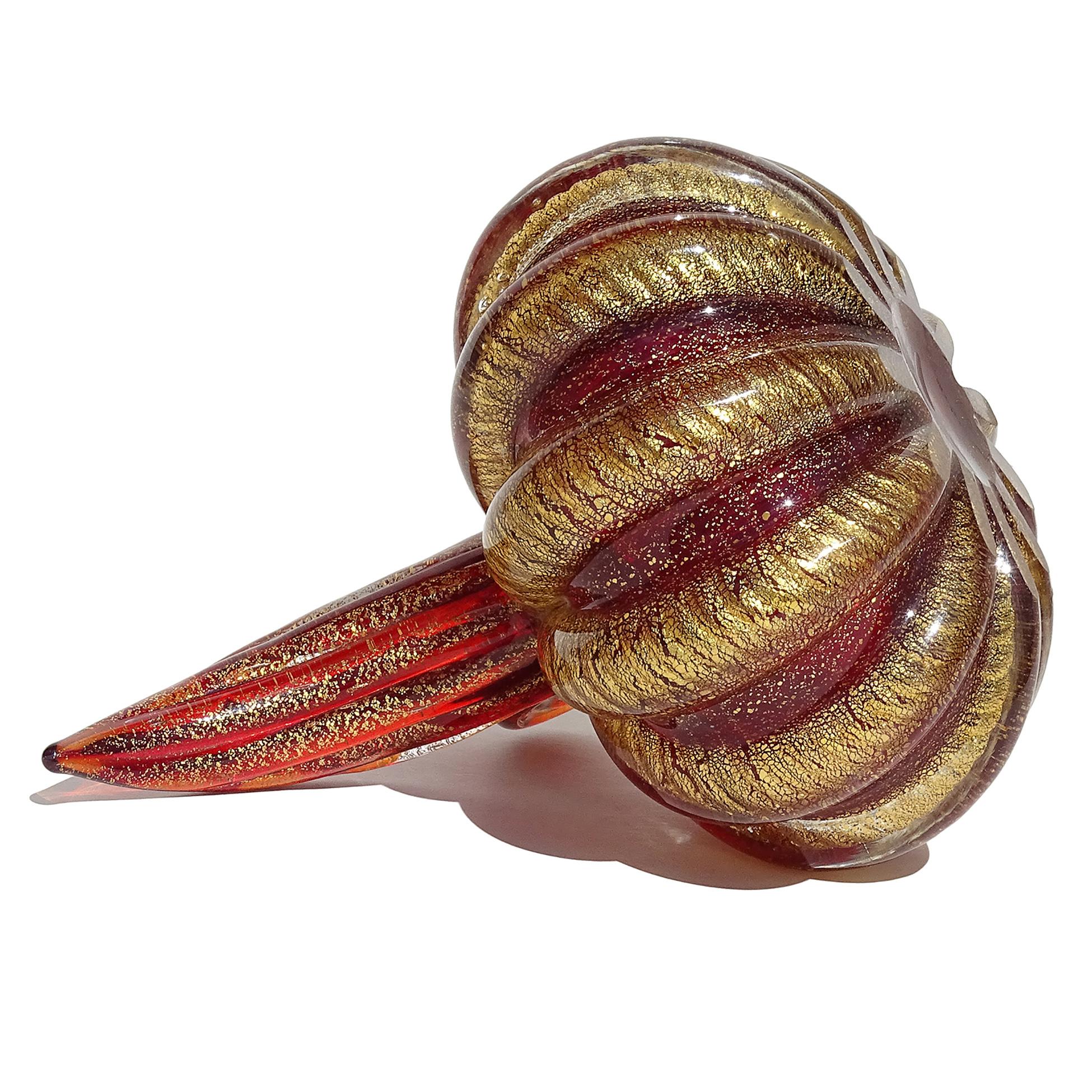 Murano Barovier Toso Red Gold Flecks Italian Art Glass Ribbed Pitcher Vase For Sale 1