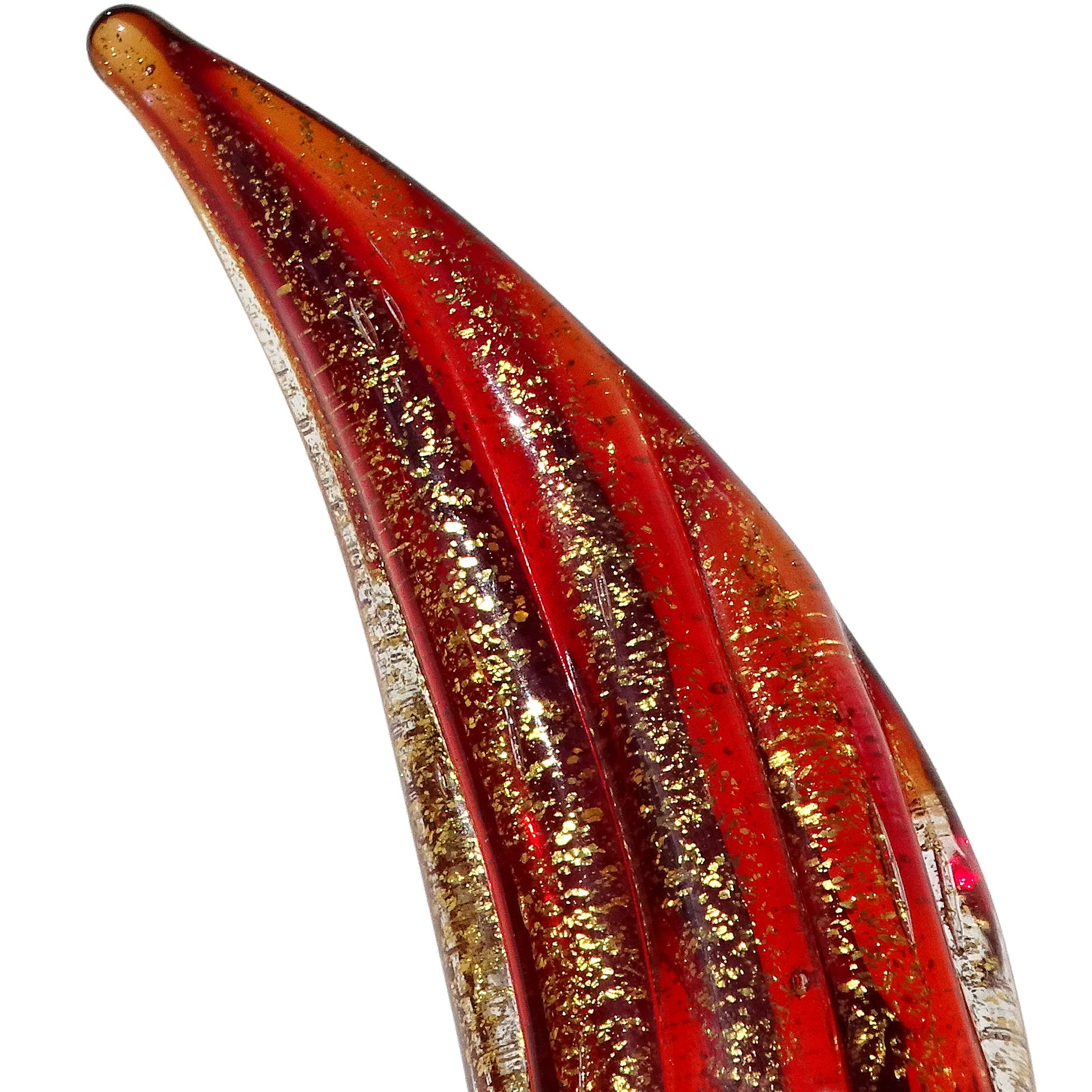 20th Century Murano Barovier Toso Red Gold Flecks Italian Art Glass Ribbed Pitcher Vase For Sale
