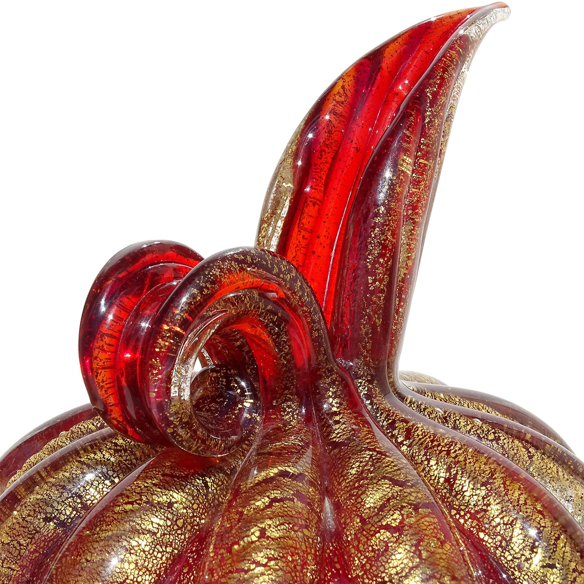 Mid-Century Modern Murano Barovier Toso Red Gold Flecks Italian Art Glass Ribbed Pitcher Vase For Sale