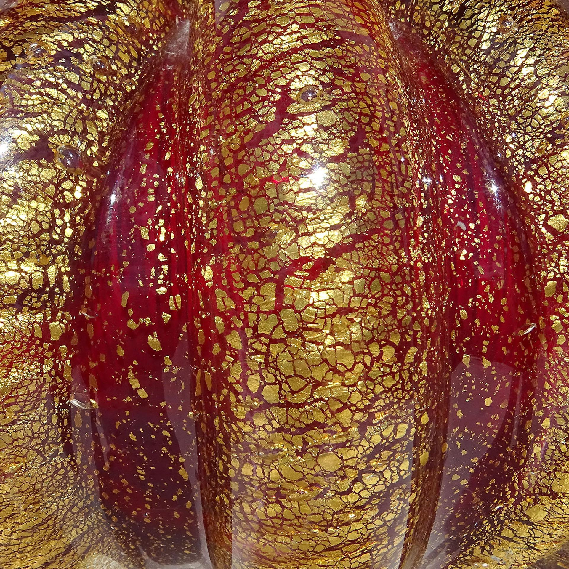 Hand-Crafted Murano Barovier Toso Red Gold Flecks Italian Art Glass Ribbed Pitcher Vase For Sale