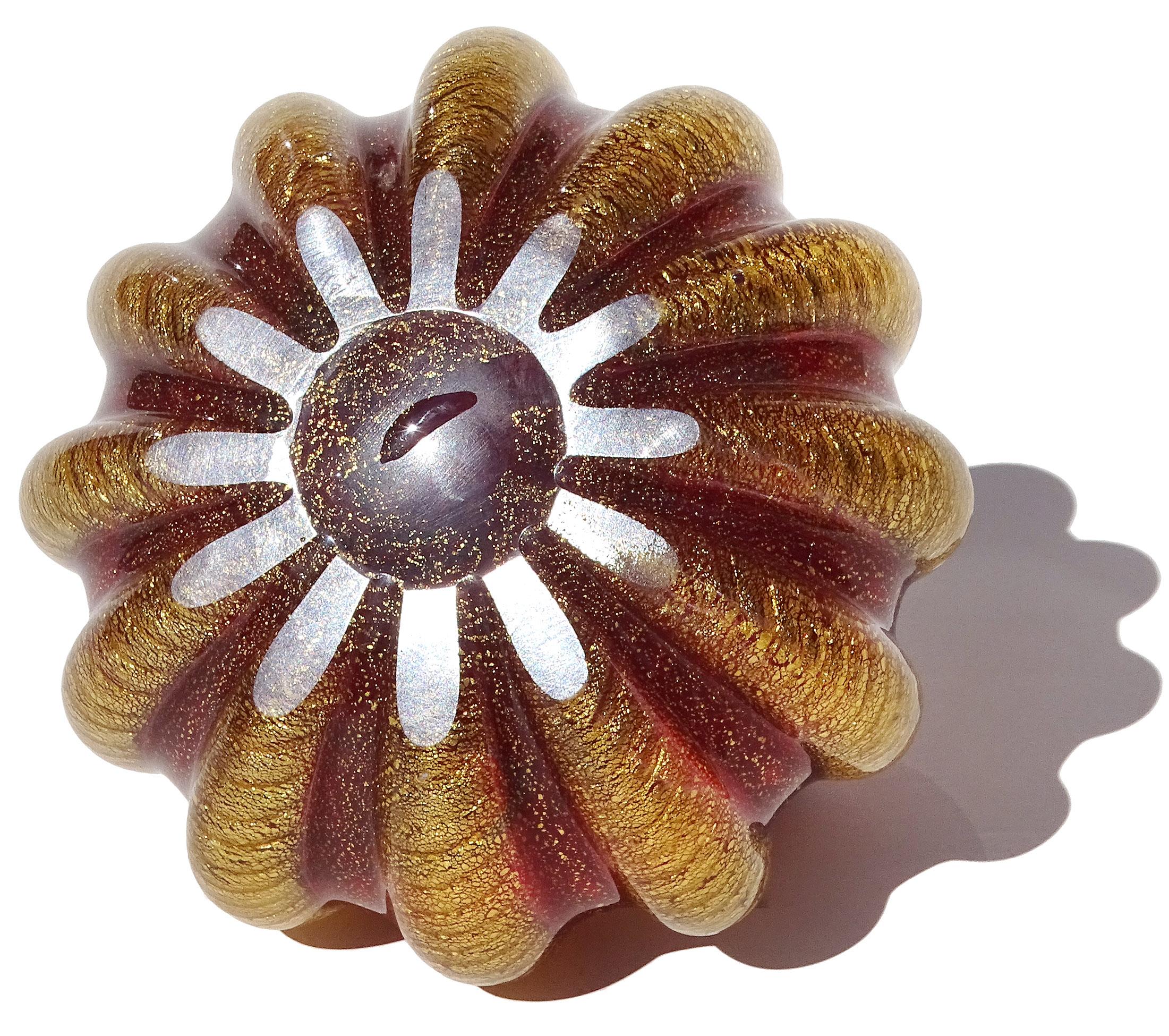 Murano Barovier Toso Red Gold Flecks Italian Art Glass Ribbed Pitcher Vase For Sale 2