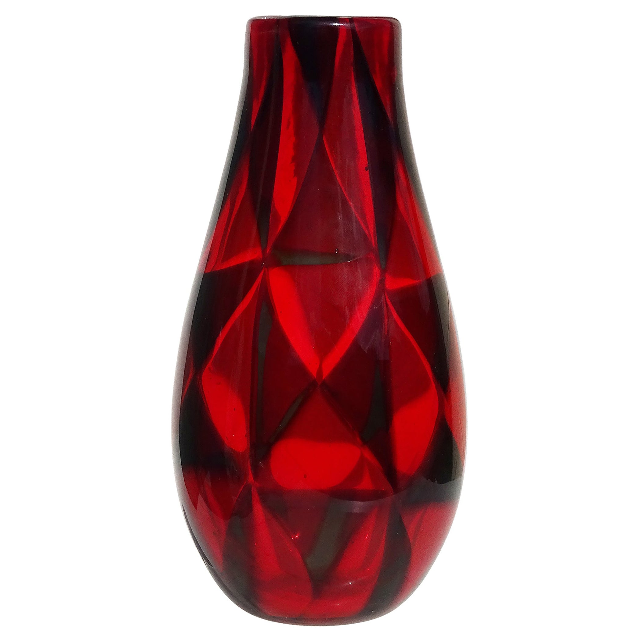 Murano Barovier Toso Red Intarsio Mosaic Triangle Tessere Italian Art Glass Vase For Sale