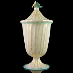 Murano Barovier Toso White Aqua Gold Flecks Italian Art Glass Jar Container