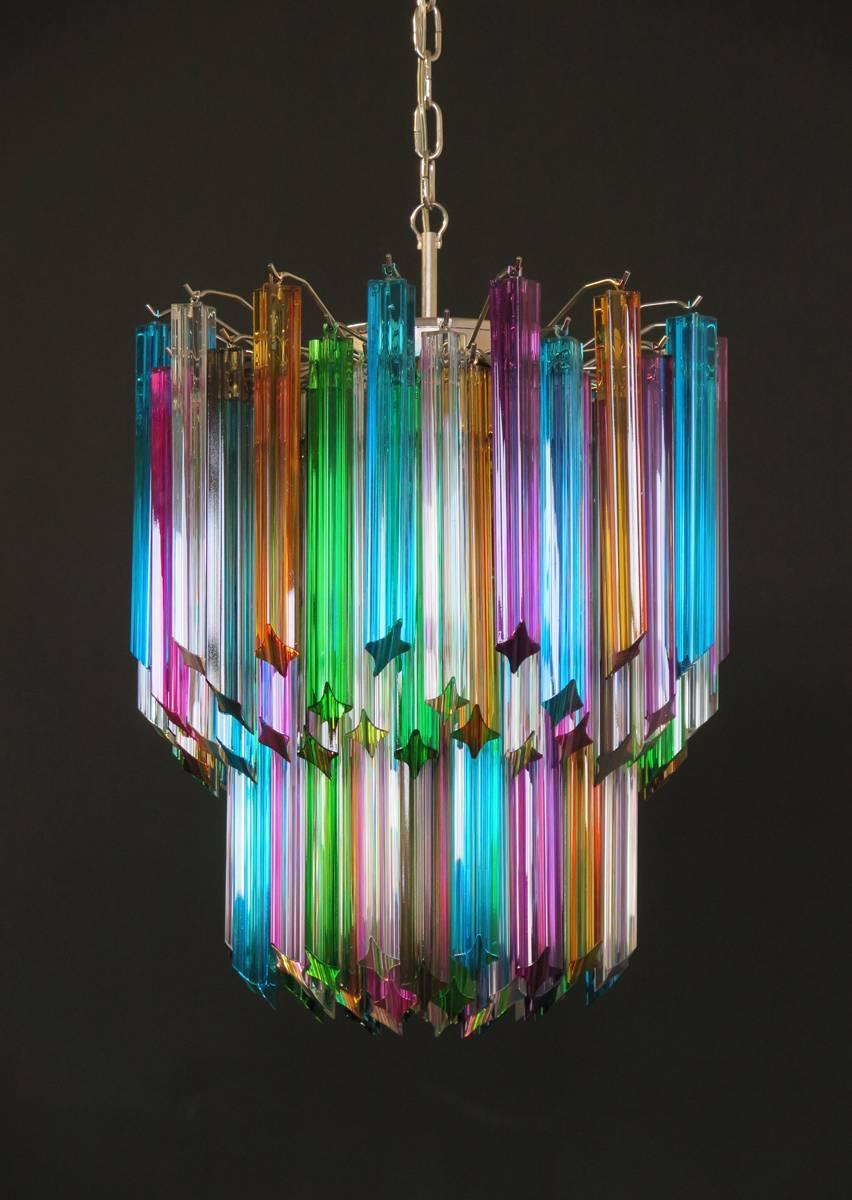 Mid-Century Modern Murano Big Chandelier, 107 Transparent Prism Quadriedri, Elena Model