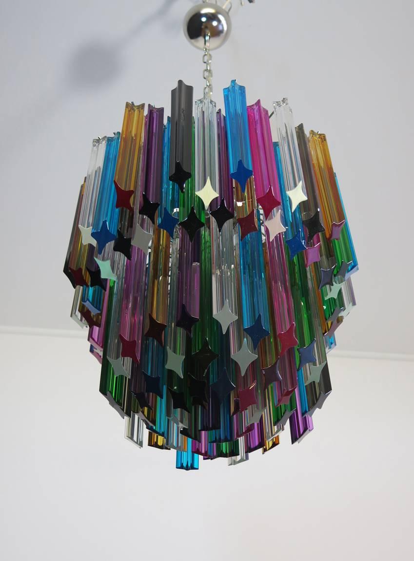 Blown Glass Murano Big Chandelier, 107 Transparent Prism Quadriedri, Elena Model