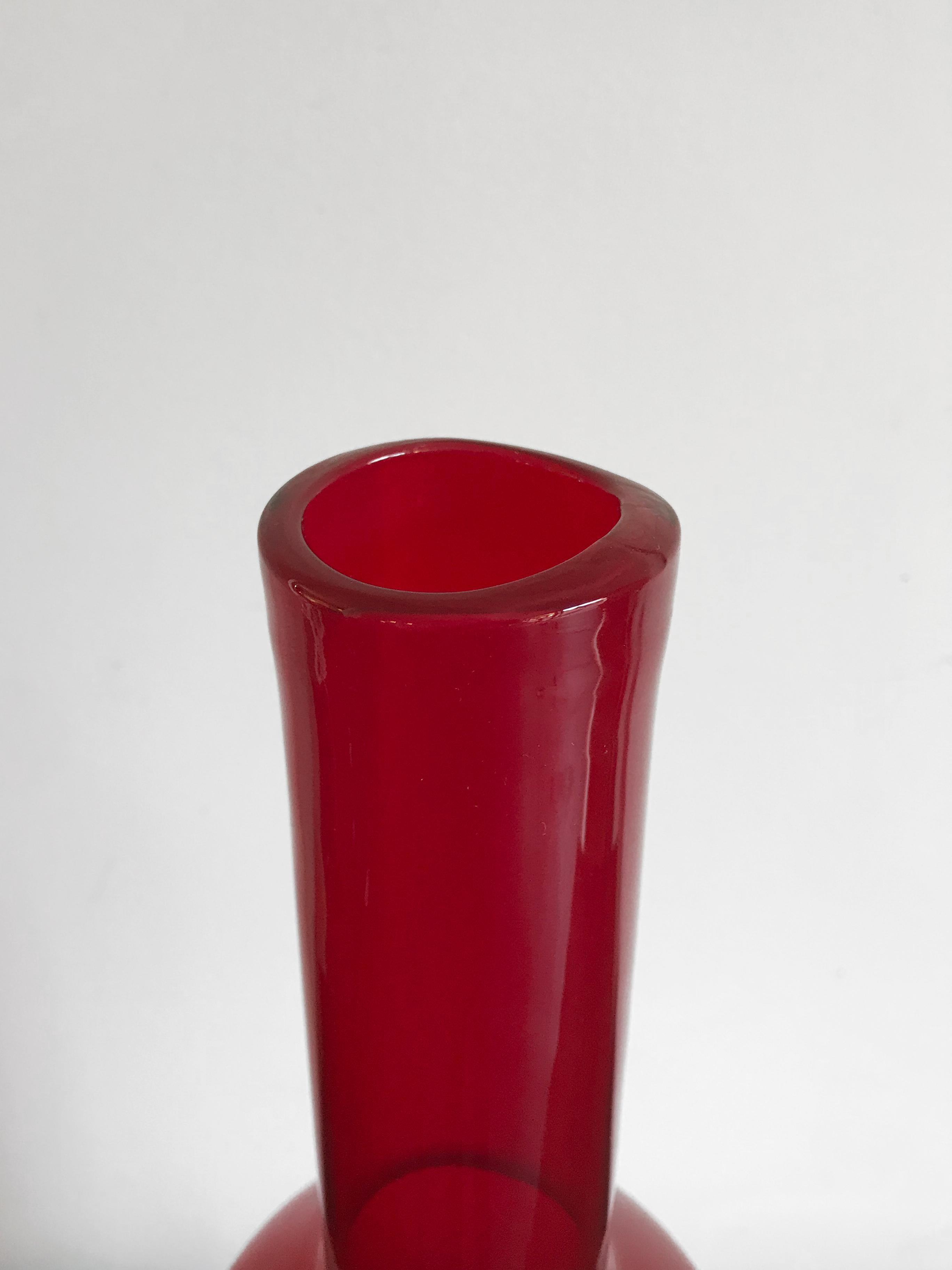 Murano Glass Murano Big Italian Modern Red Blown Glass Bottle Vase, 2000s