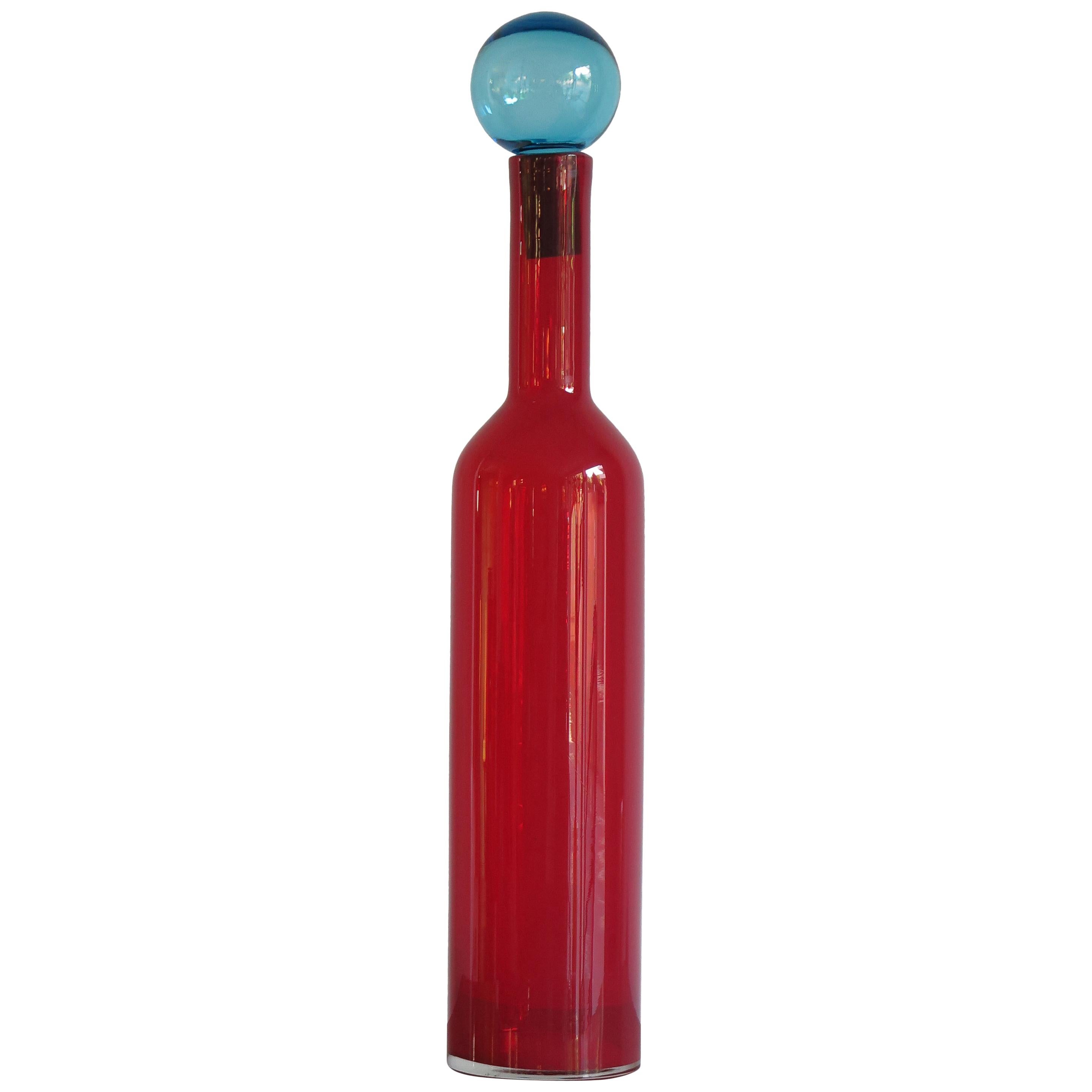 Murano Big Italian Modern Red Blown Glass Bottle Vase, 2000s