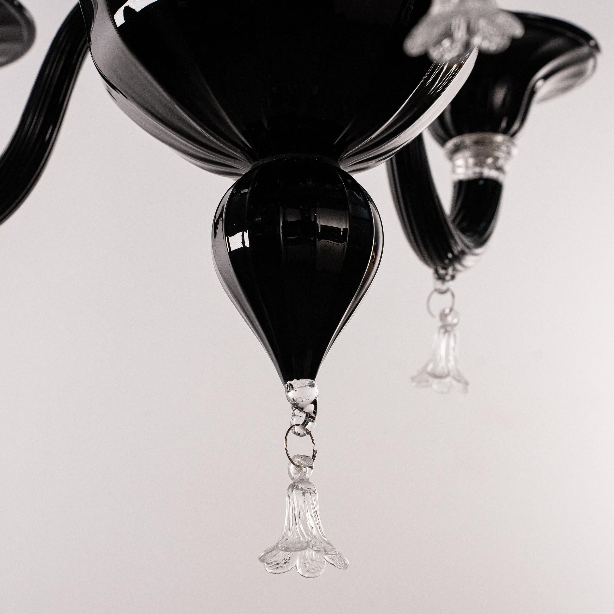 Lampadario a 5 luci in vetro nero e trasparente di Murano, Vintage Made in Italy in stock in vendita 2