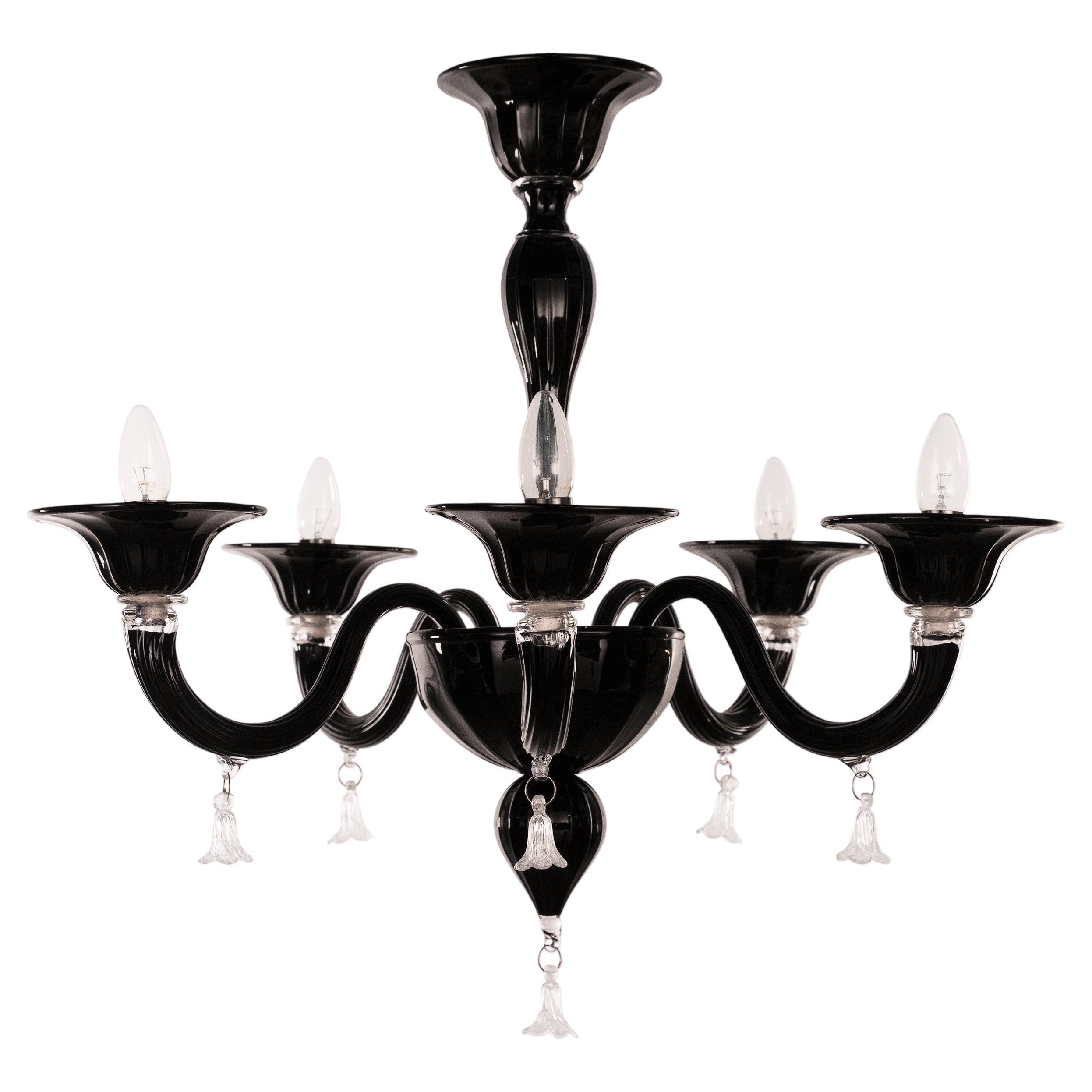 Lampadario a 5 luci in vetro nero e trasparente di Murano, Vintage Made in Italy in stock in vendita