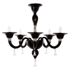 Lampadario a 5 luci in vetro nero e trasparente di Murano, Vintage Made in Italy in stock