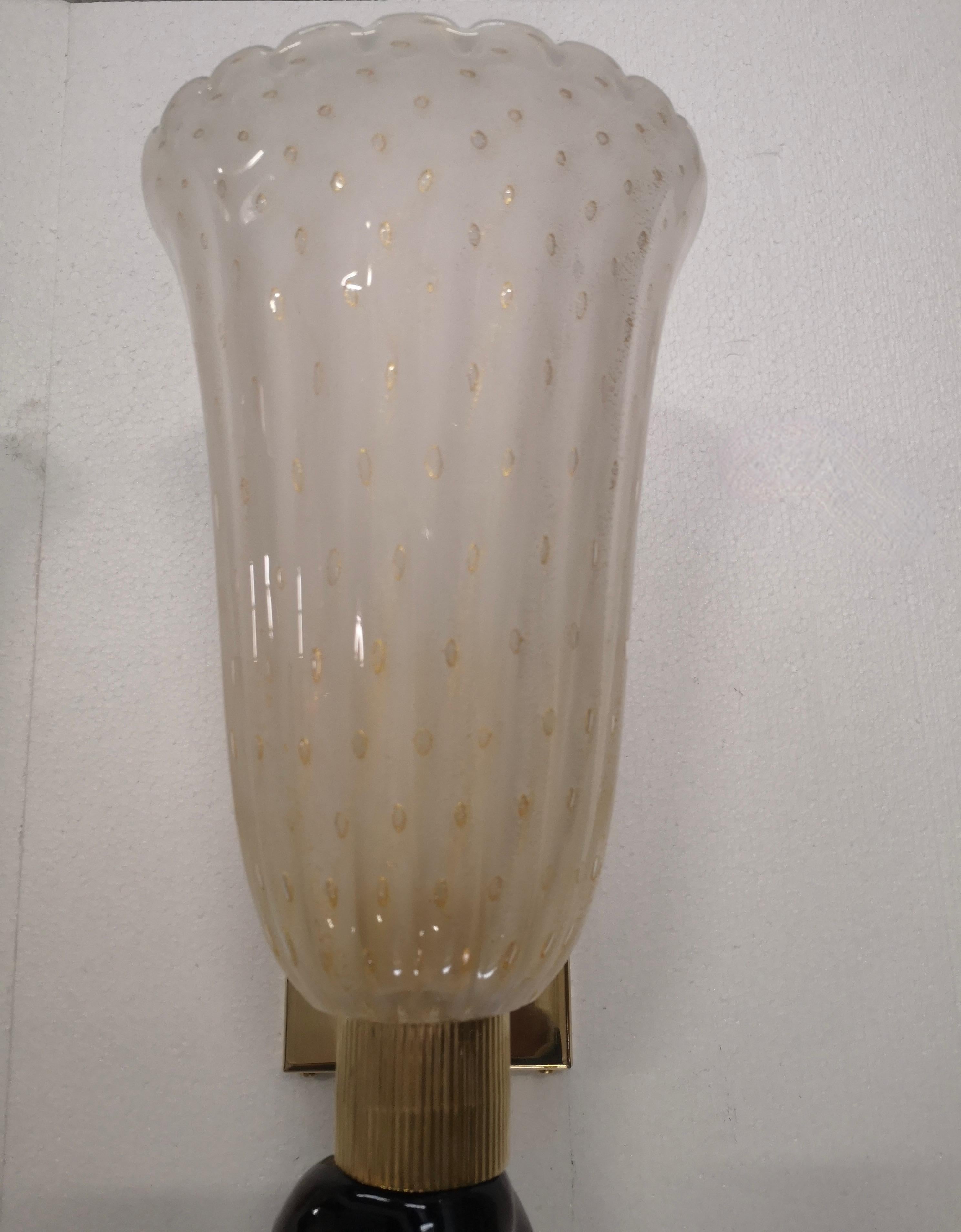 Brass Murano Black and Cream Color Glass Wall Light, 1980 For Sale