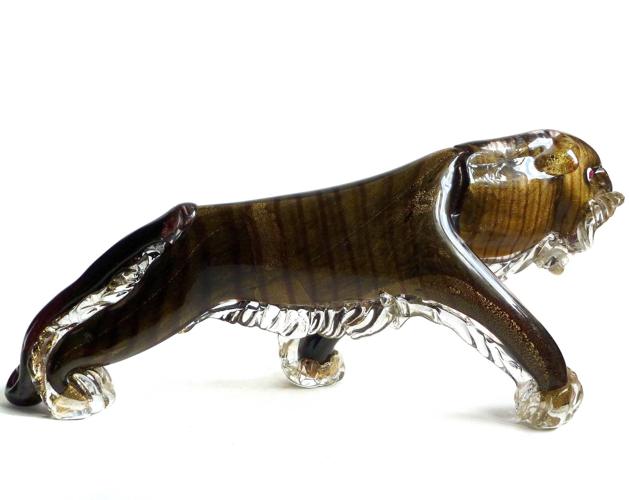 Mid-Century Modern Murano Black and Gold Flecks Italian Art Glass Roaring Tiger Figure Sculpture