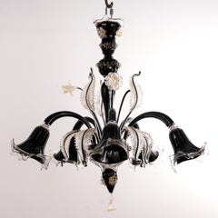 Murano Black and Gold glass chandelier 5 lights, Vintage Made in Italy in stock