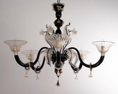 Murano Black and Gold glass chandelier 5 lights, Vintage Made in Italy in stock