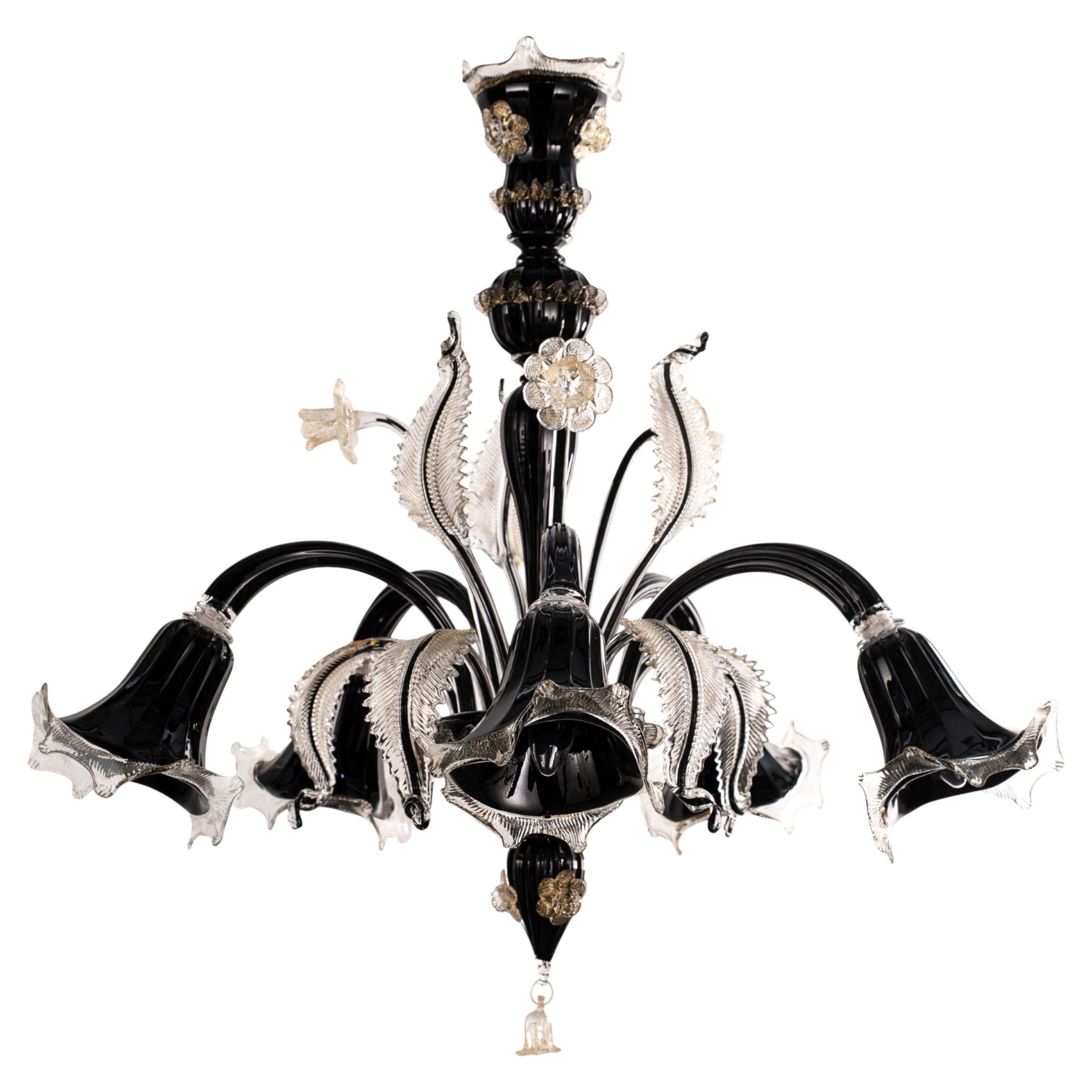 Lampadario in vetro di Murano nero e oro a 5 luci, Vintage Made in Italy in stock