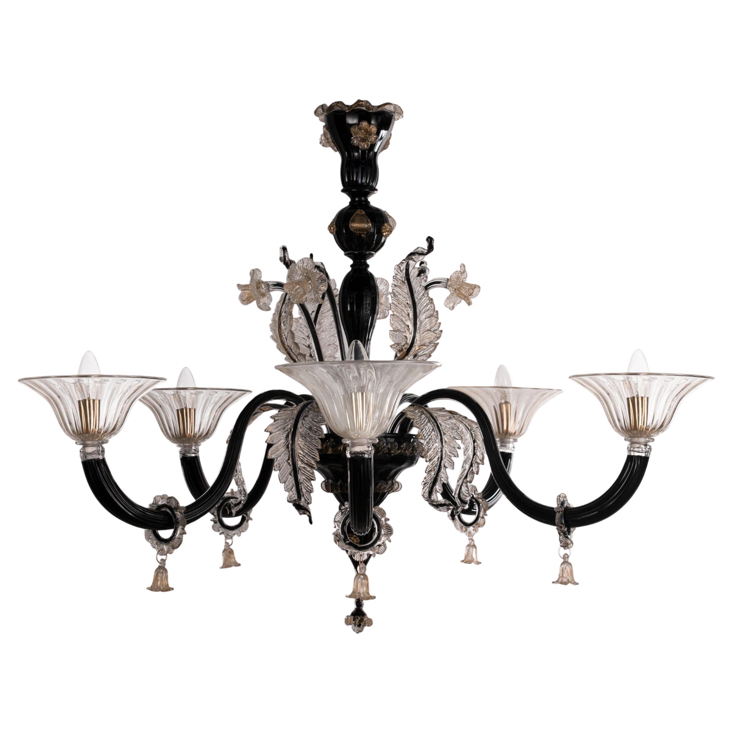 Lampadario in vetro di Murano nero e oro a 5 luci, Vintage Made in Italy in stock