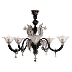 Lustre 5 lumières en verre noir et or de Murano, Vintage Made in Italy en stock