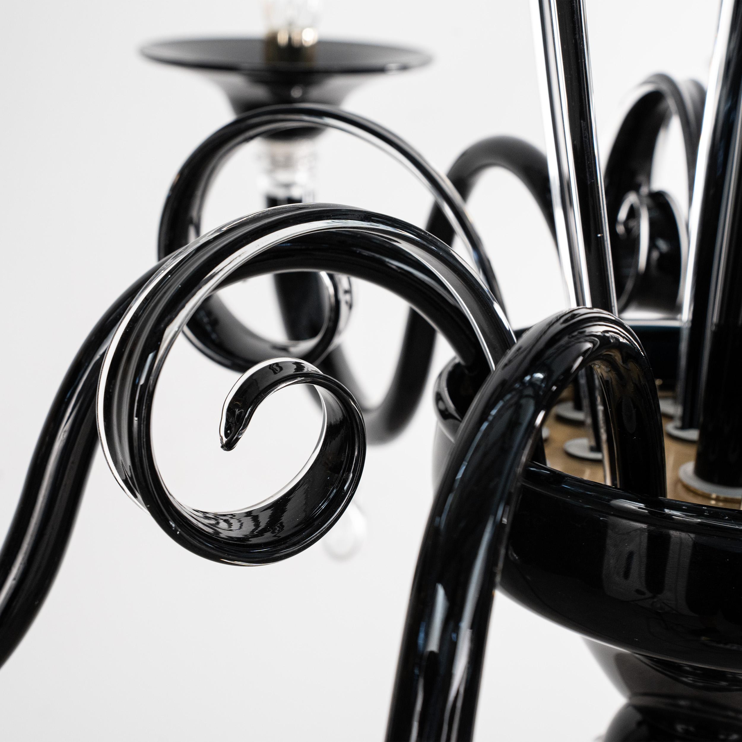 Lampadario in vetro di Murano nero e oro a 6 luci, Vintage Made in Italy in stock in vendita 1