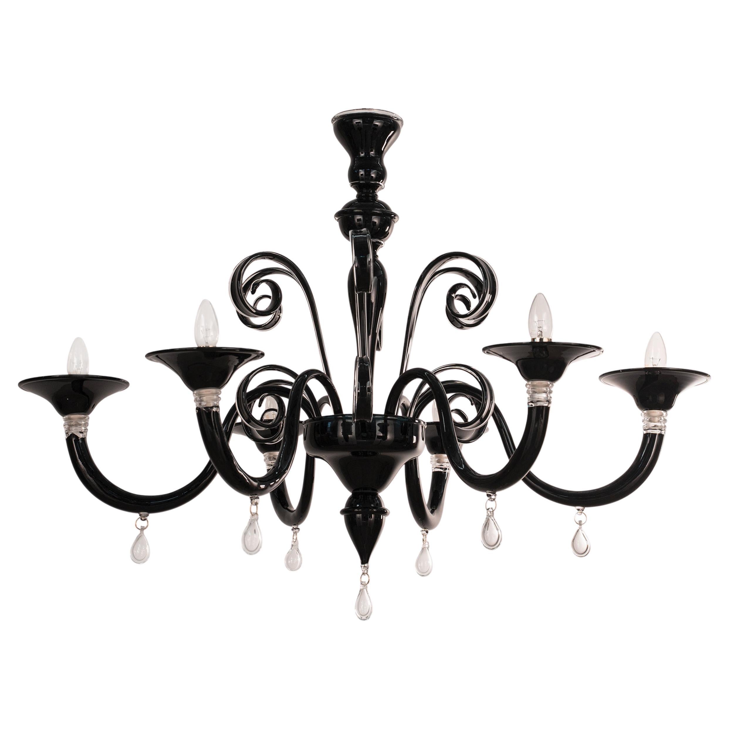 Lampadario in vetro di Murano nero e oro a 6 luci, Vintage Made in Italy in stock