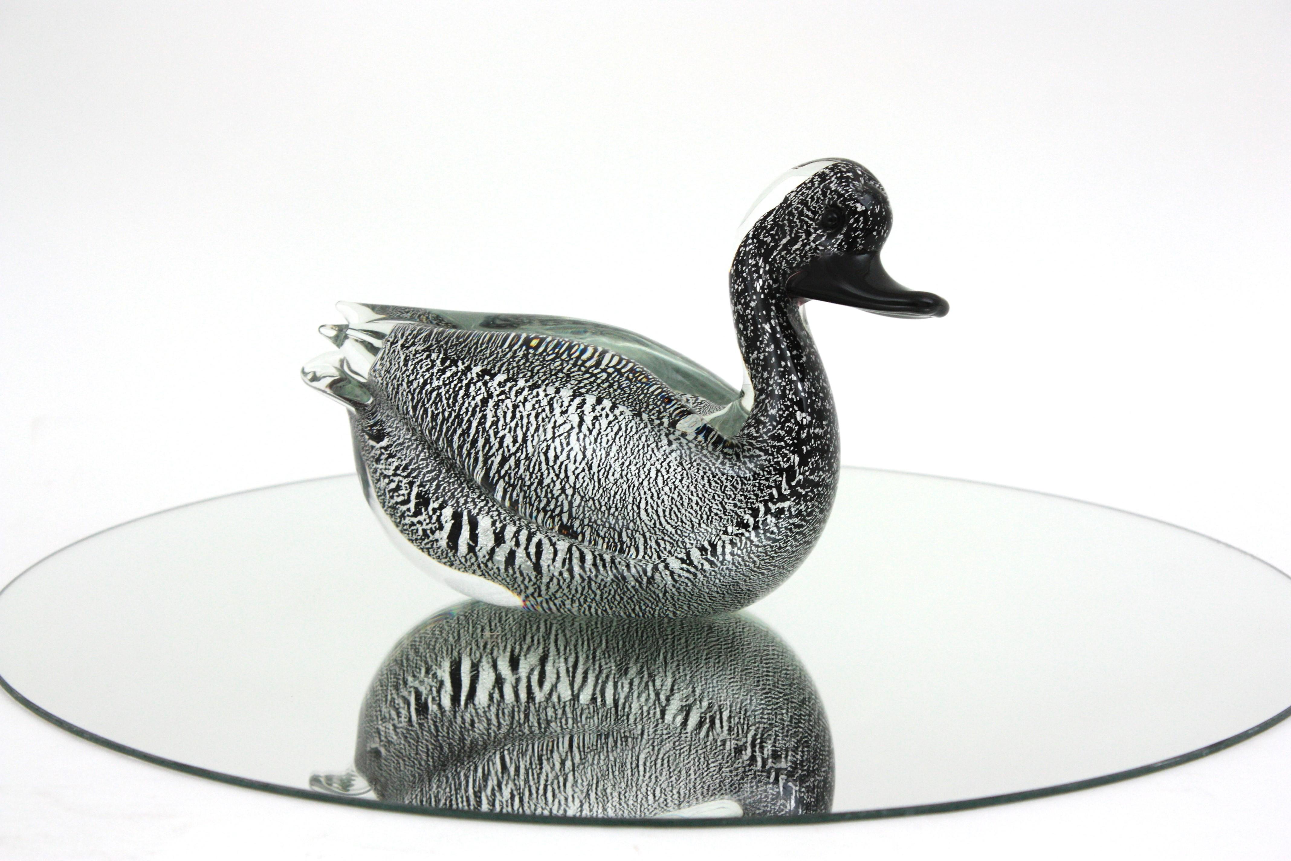 20th Century  Murano Black Clear Duck Sculpture Art Glass Paperweight with Silver Flecks For Sale