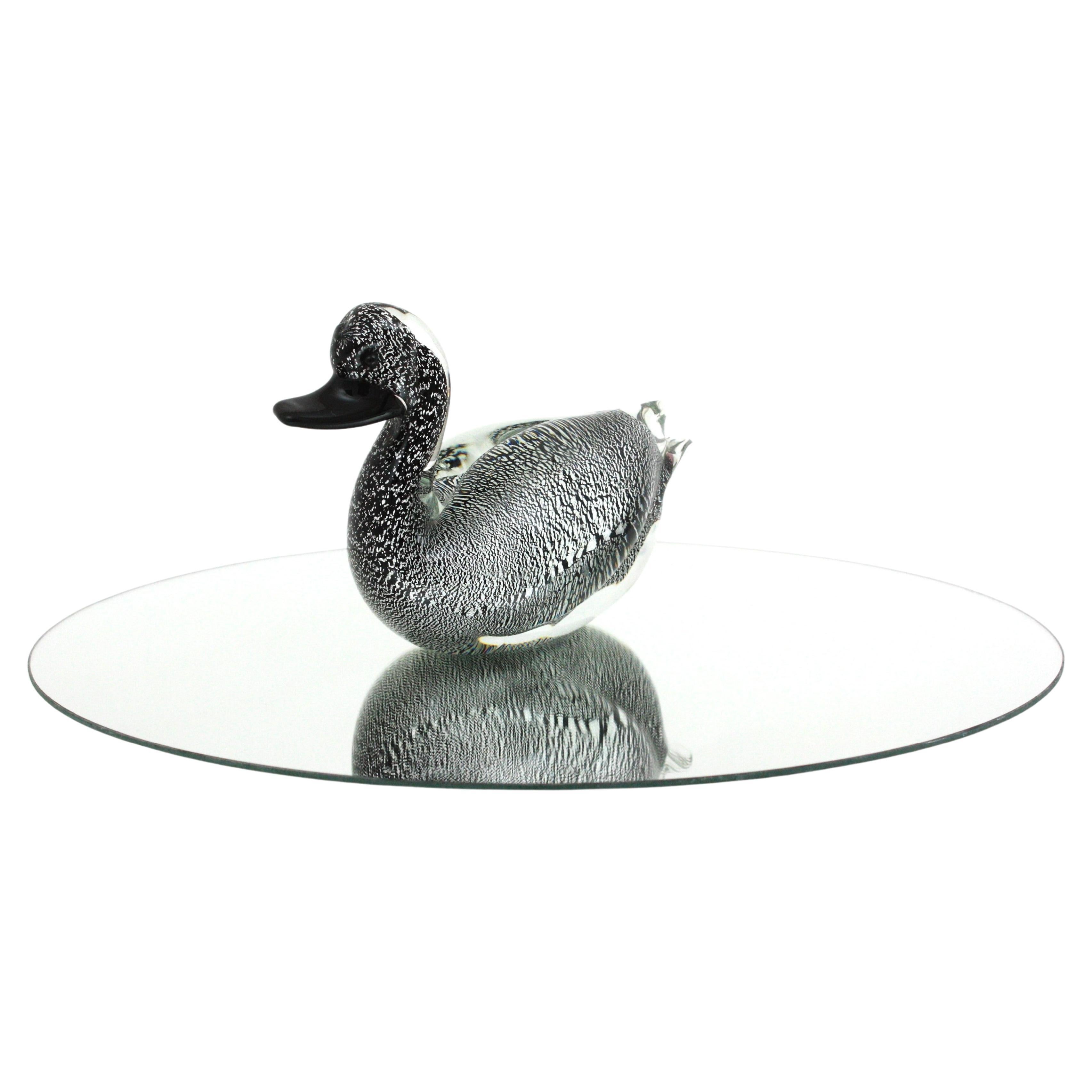 Italian  Murano Black Clear Duck Sculpture Art Glass Paperweight with Silver Flecks For Sale