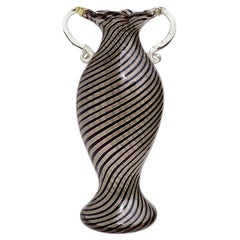 Murano Black Copper Gold Leaf Ribbons Italian Art Glass Two Handle Flower Vase