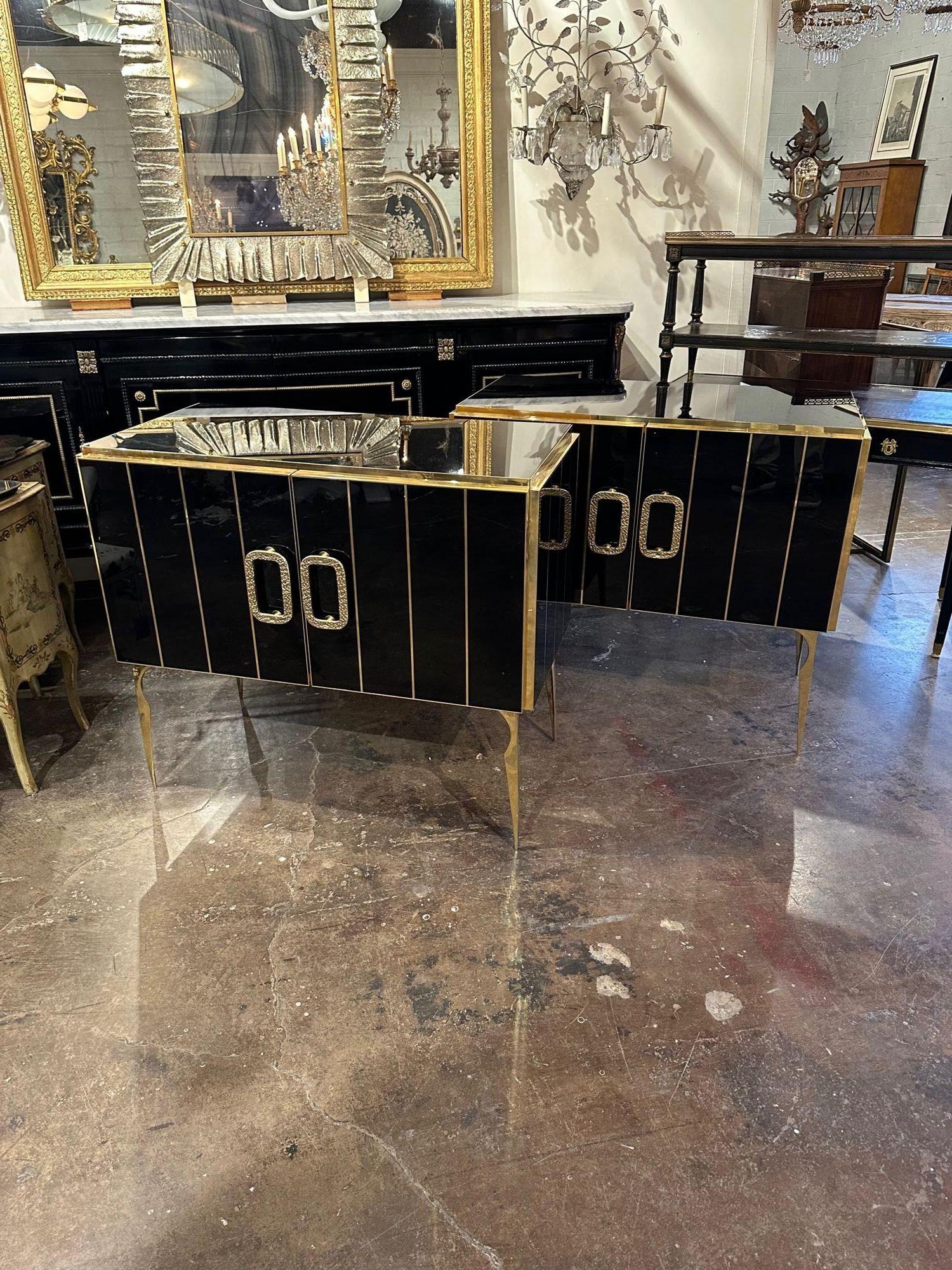 Fabulous Modern Murano black glass and brass side cabinet. Circa 2000. A favorite of top designers! Note: these are sold each.